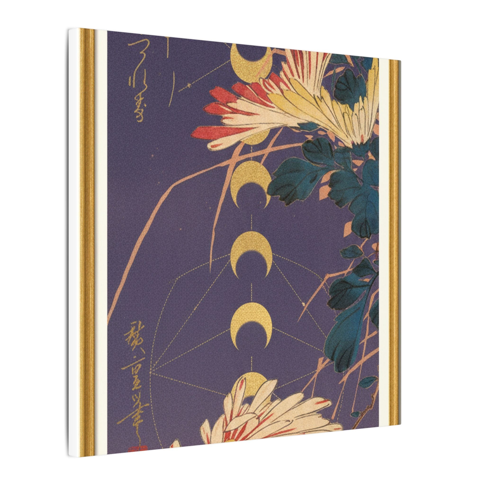 Chrysanthemum and Gold Moon Phases Woodblock Matte Canvas