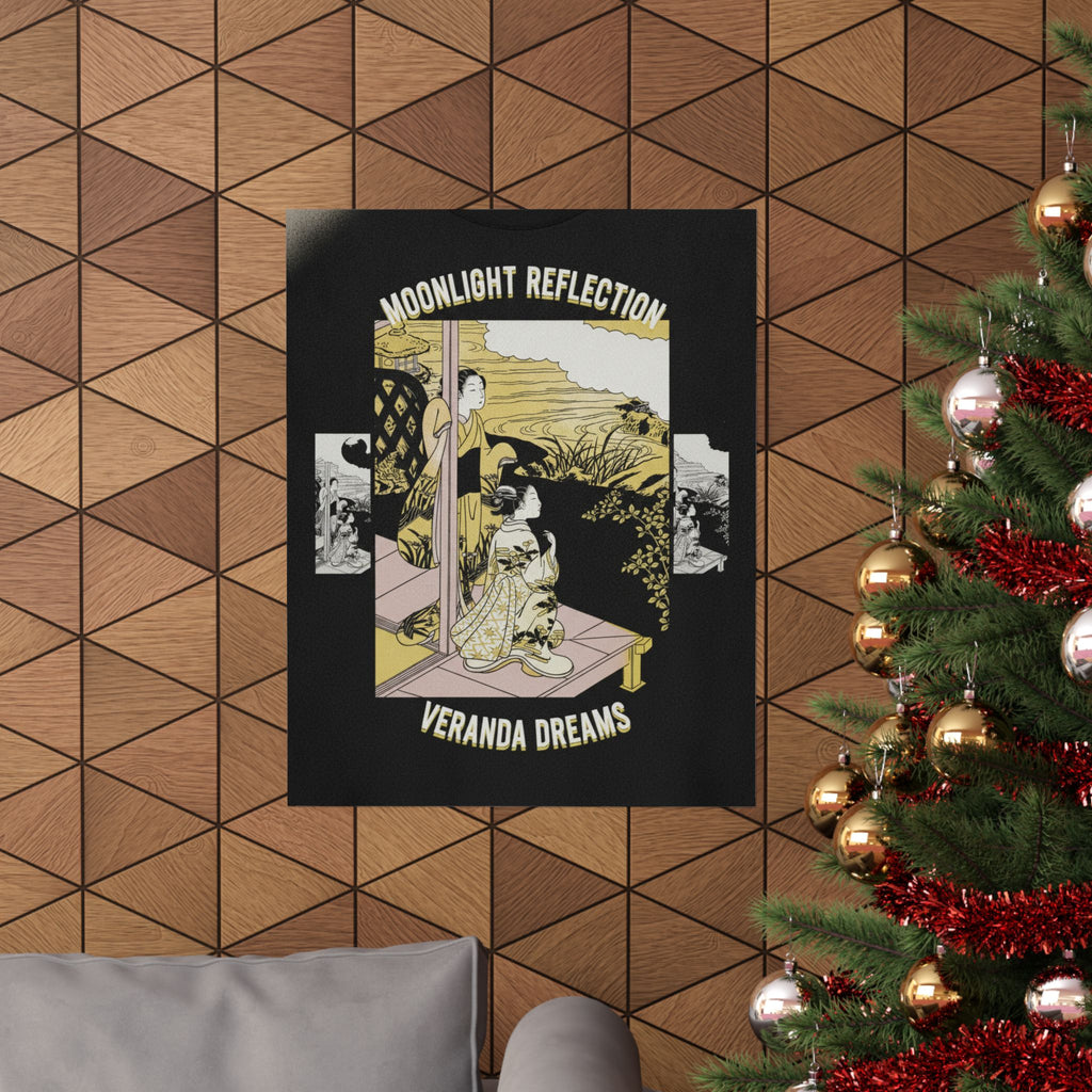 Streetwear Collage — Two Girls On A Veranda Beside A Stream With The Moon — Matte Poster