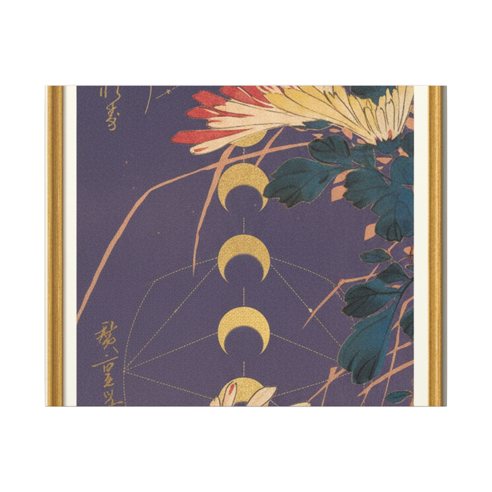 Chrysanthemum and Gold Moon Phases Woodblock Matte Canvas