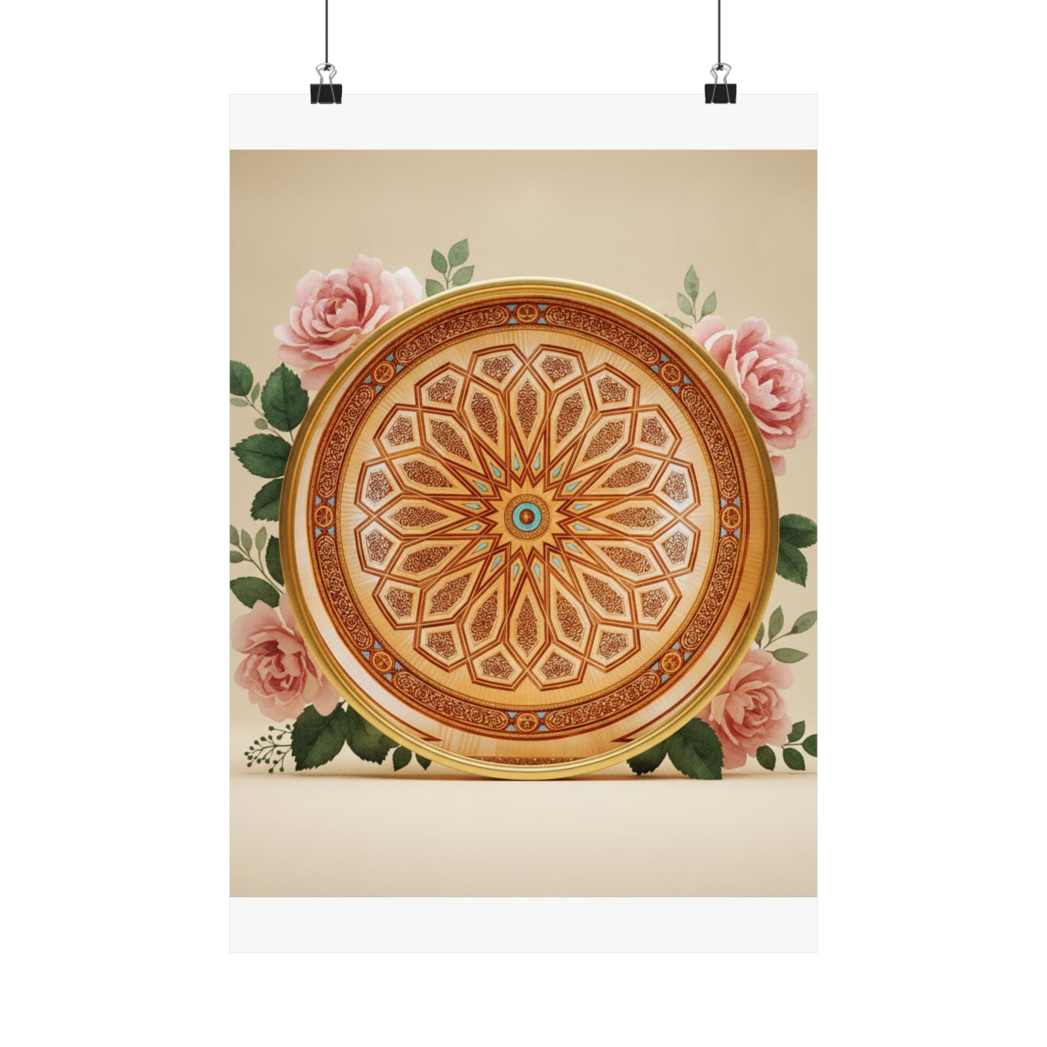 Gilded Moroccan Medallion and Pink Roses Art Poster