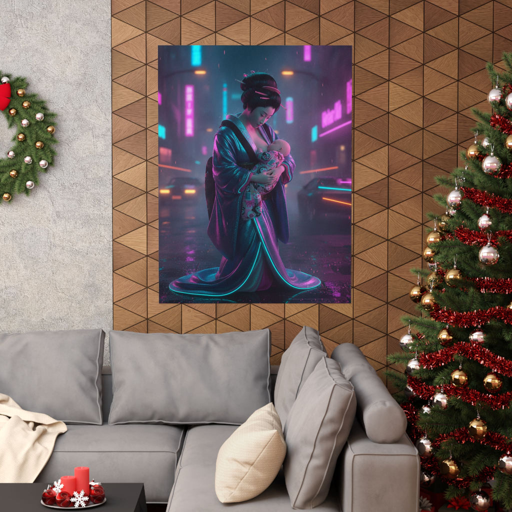 Neon Noir — Young Mother Nursing Her Baby — Matte Poster