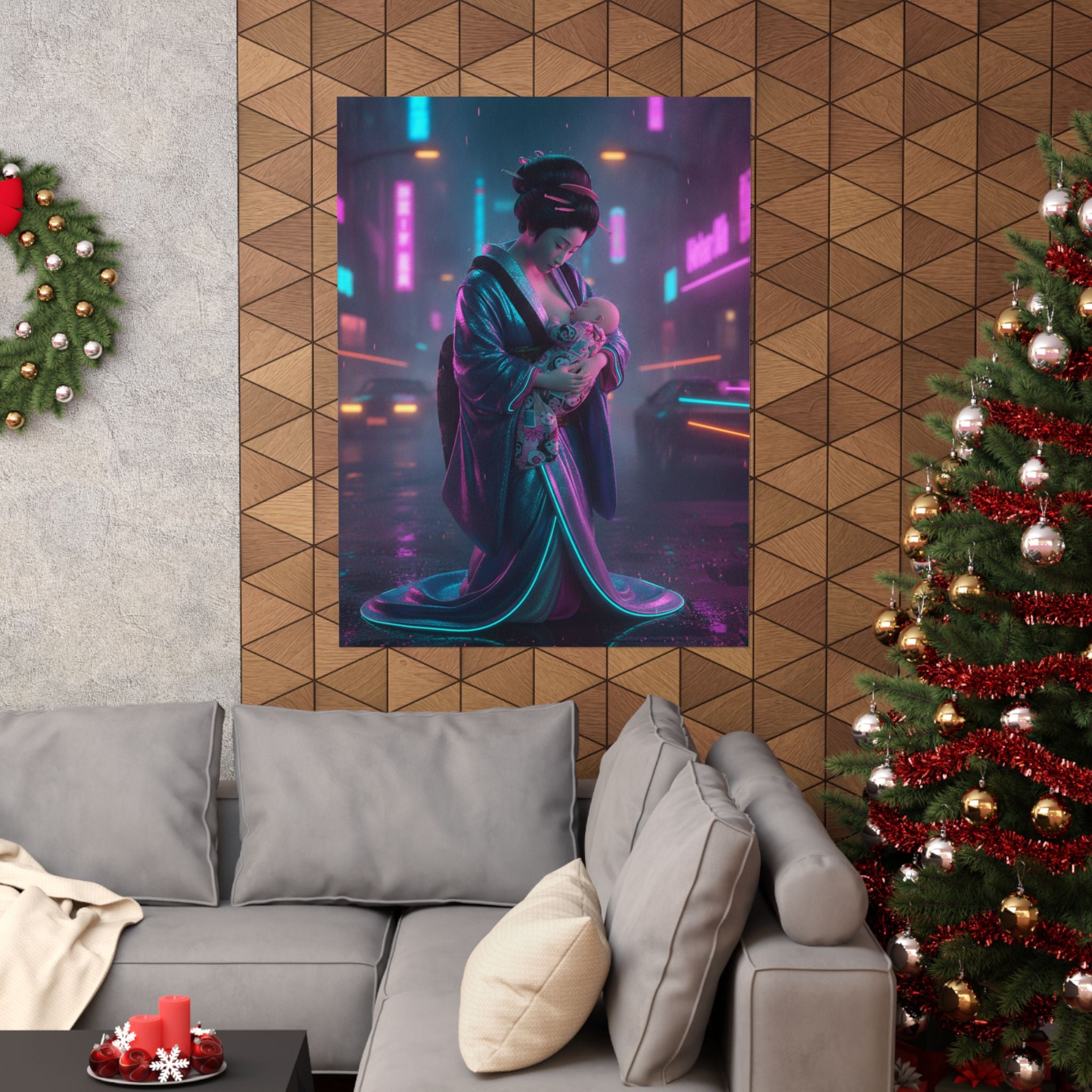 Neon Noir — Young Mother Nursing Her Baby — Matte Poster