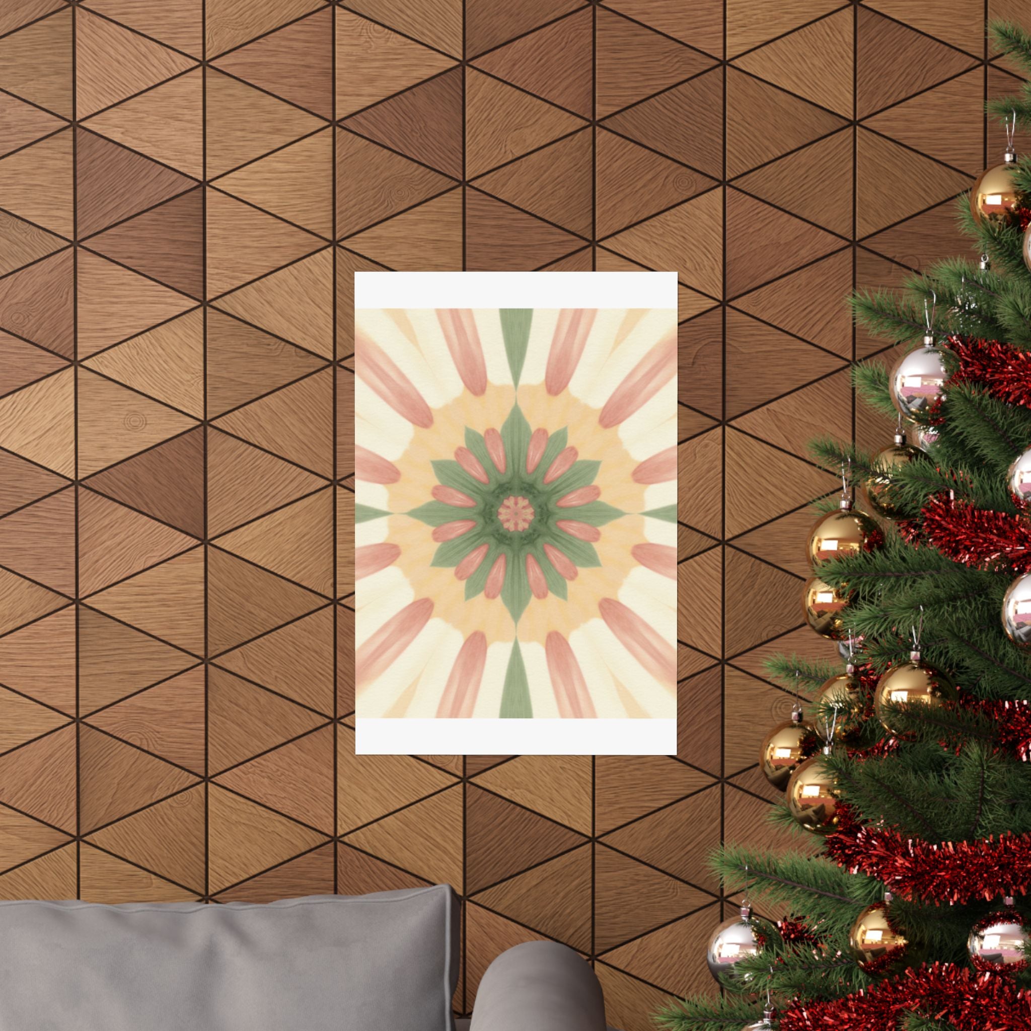 Peach and Sage Floral Kaleidoscope Mandala Poster