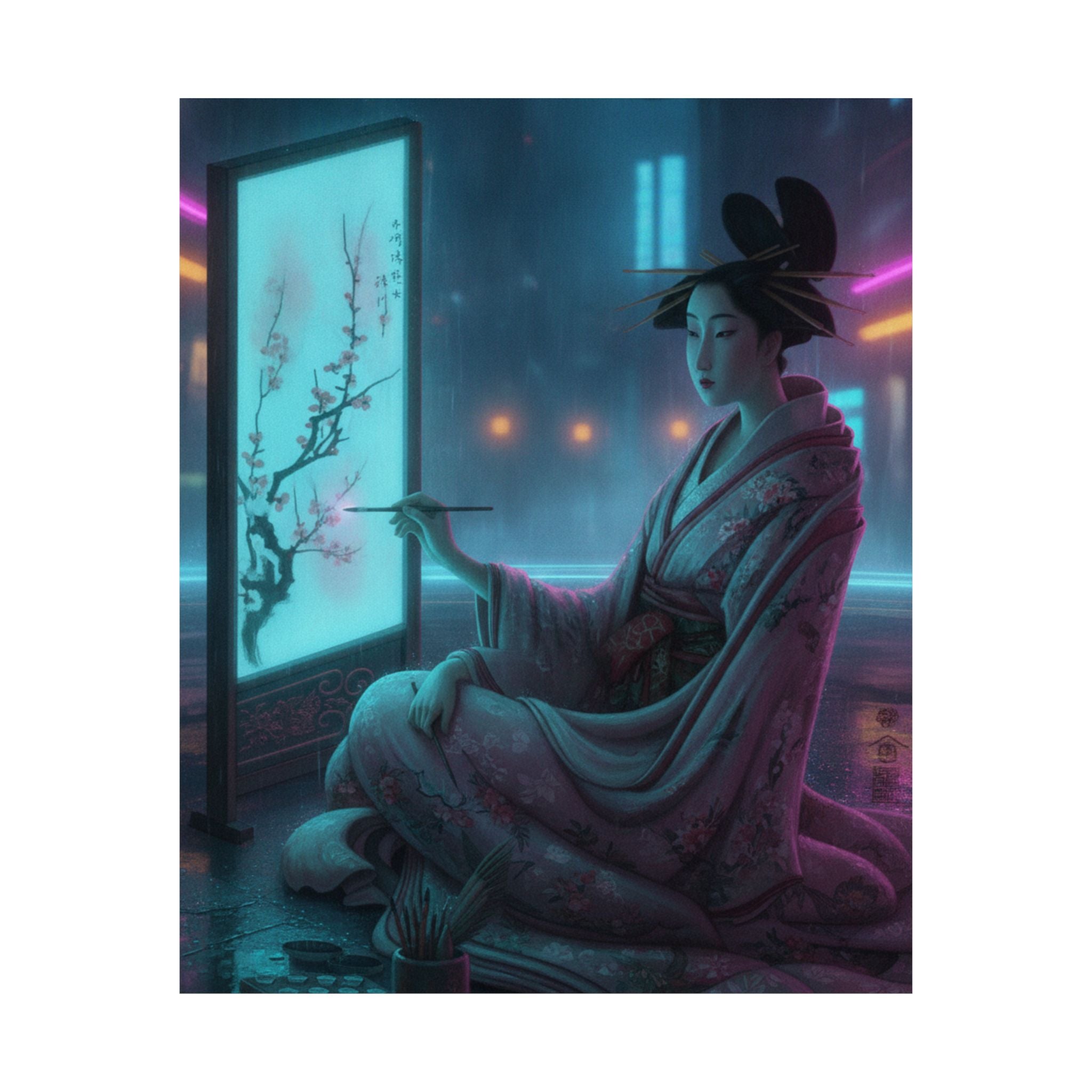 Neon Noir — Young Woman Painting A Screen — Matte Poster