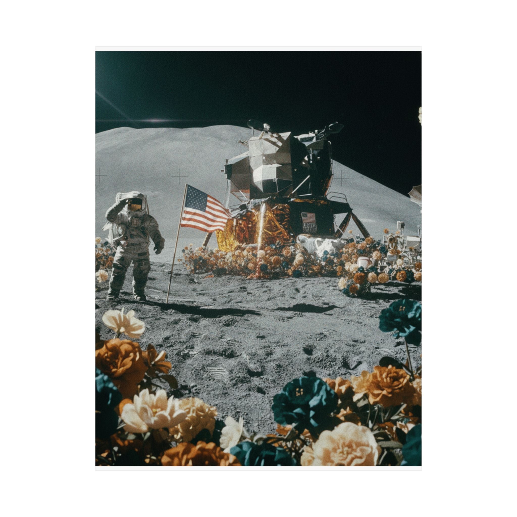 Astronaut Moon Landing in Bloom Surreal Space Poster