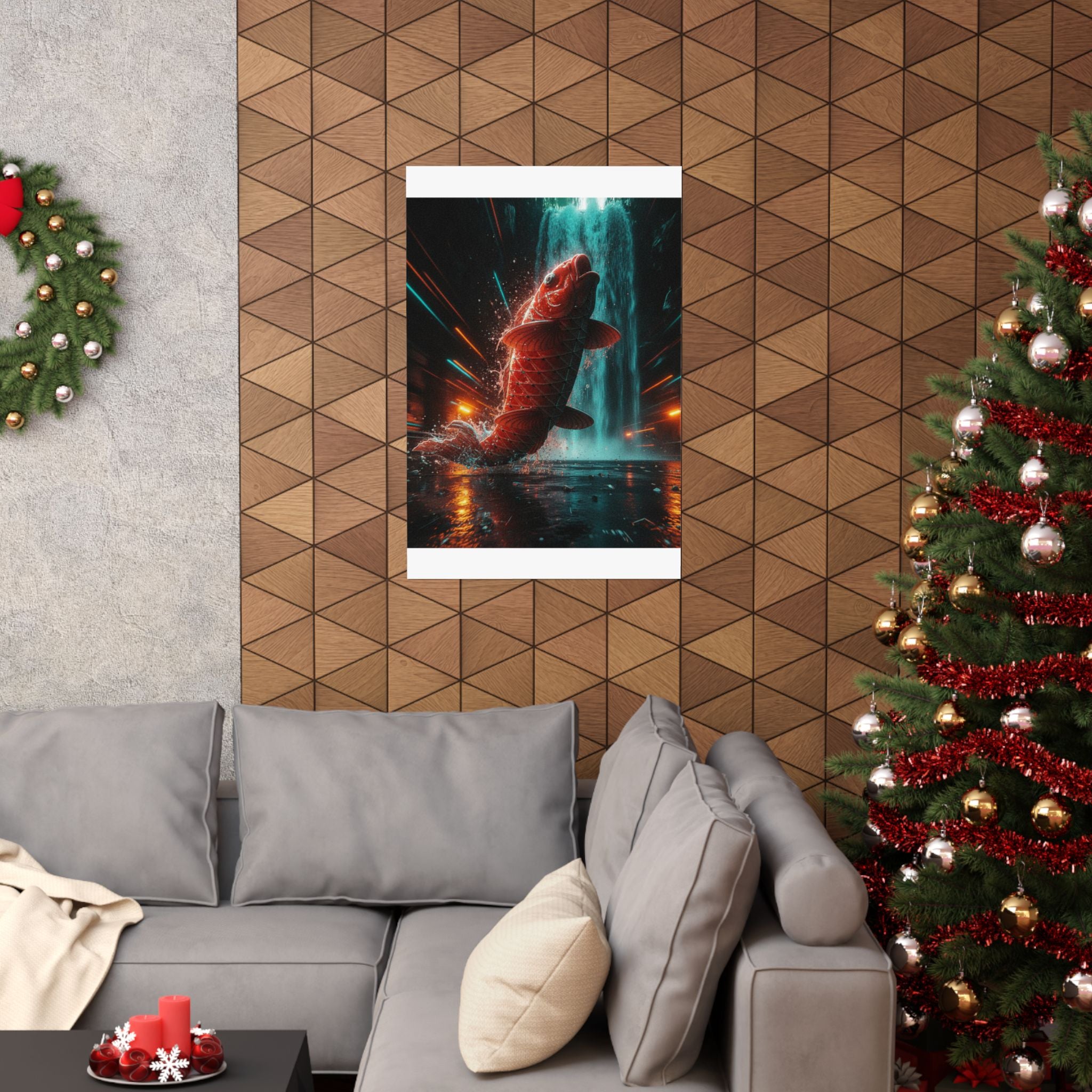 Fast Furious — Red Carp Ascending A Waterfall — Matte Poster