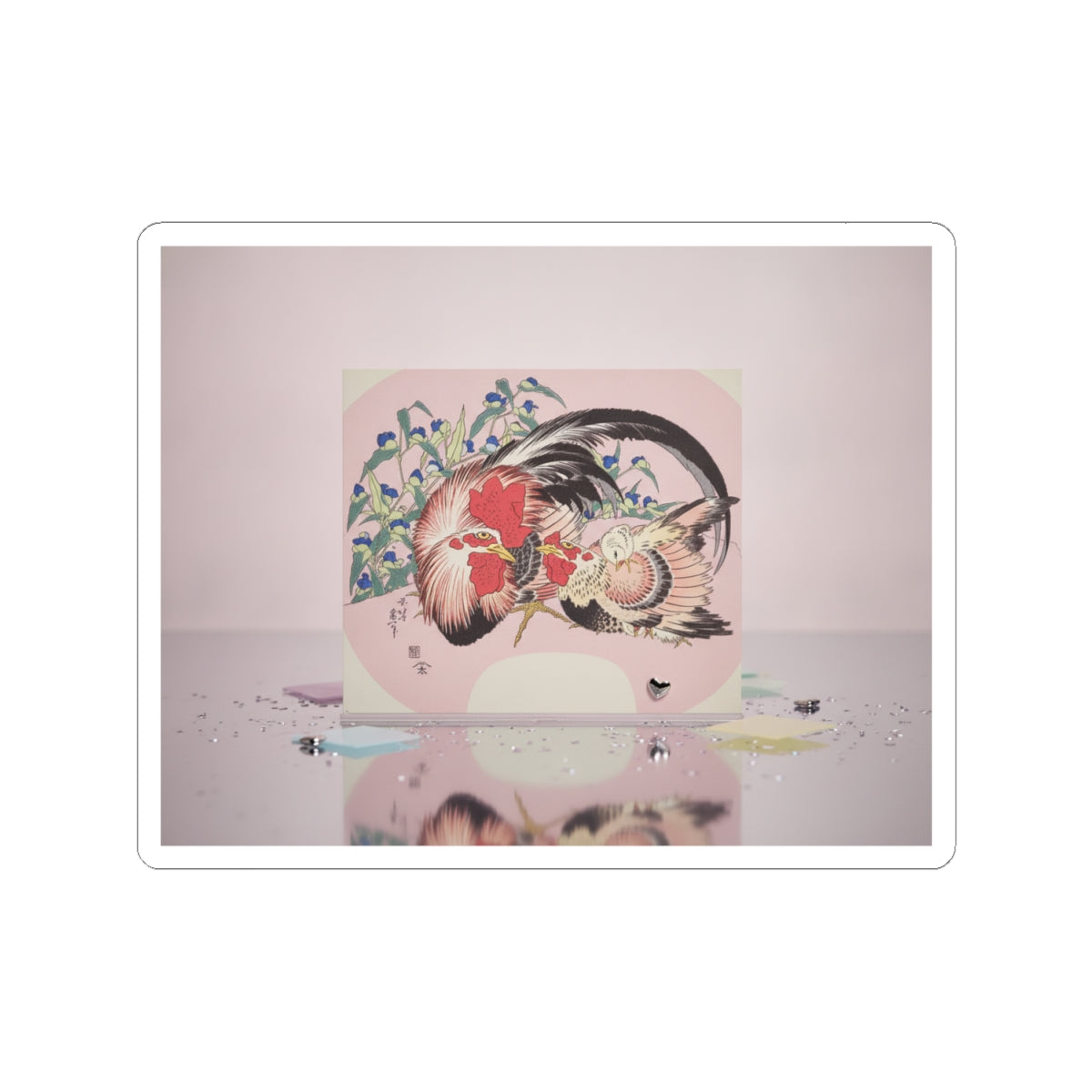 Product Marketing — Rooster, Hen And Chicken With Spiderwort — Kiss-Cut Sticker