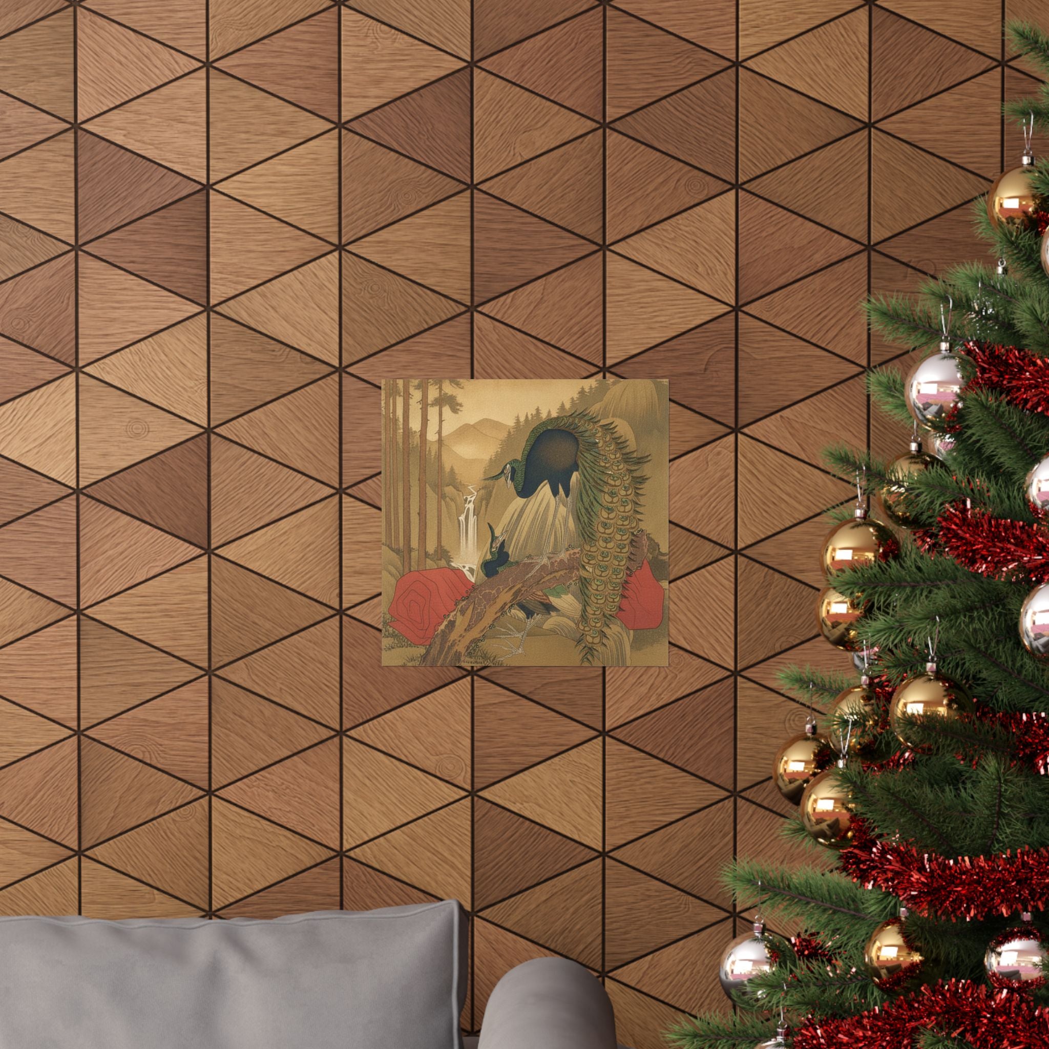 Scenic Nature — Painting Of Peacocks, Pines, A Waterfall, And A Roll Of Red Fabric — Matte Poster