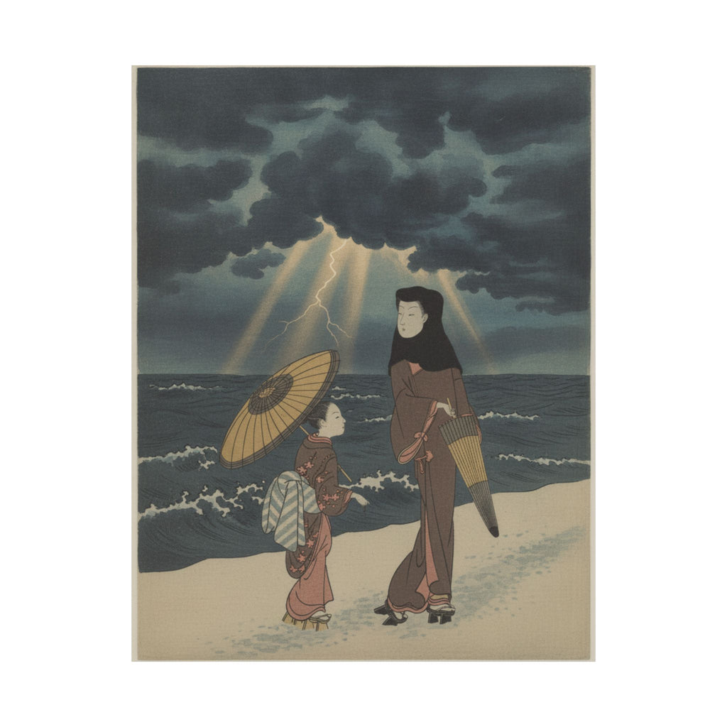 Dramatic Storm — Lady With Black Hood And Umbrella Out Walking With Young Attendant — Matte Poster