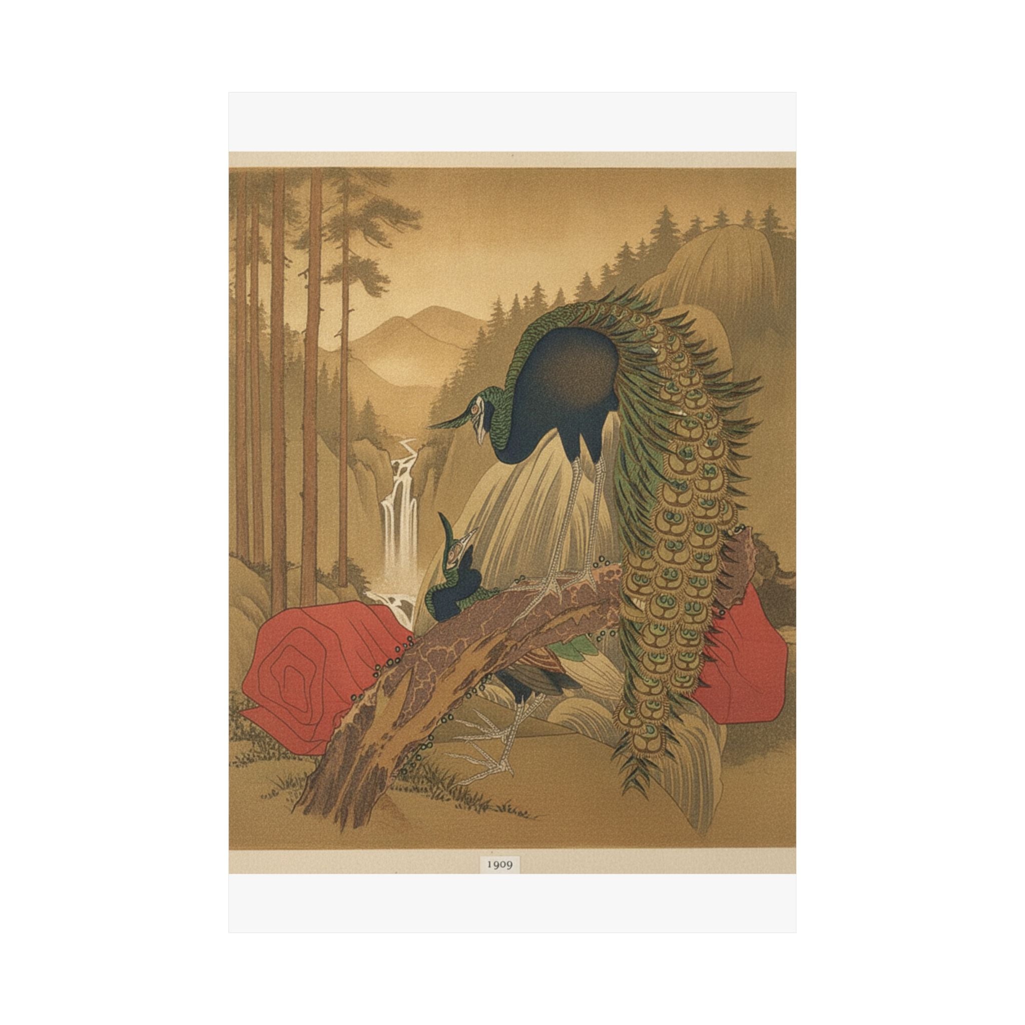 Scenic Nature — Painting Of Peacocks, Pines, A Waterfall, And A Roll Of Red Fabric — Matte Poster
