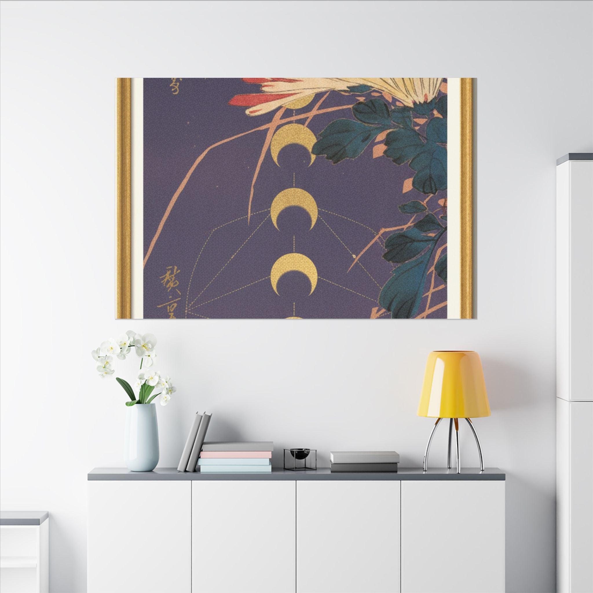 Chrysanthemum and Gold Moon Phases Woodblock Matte Canvas