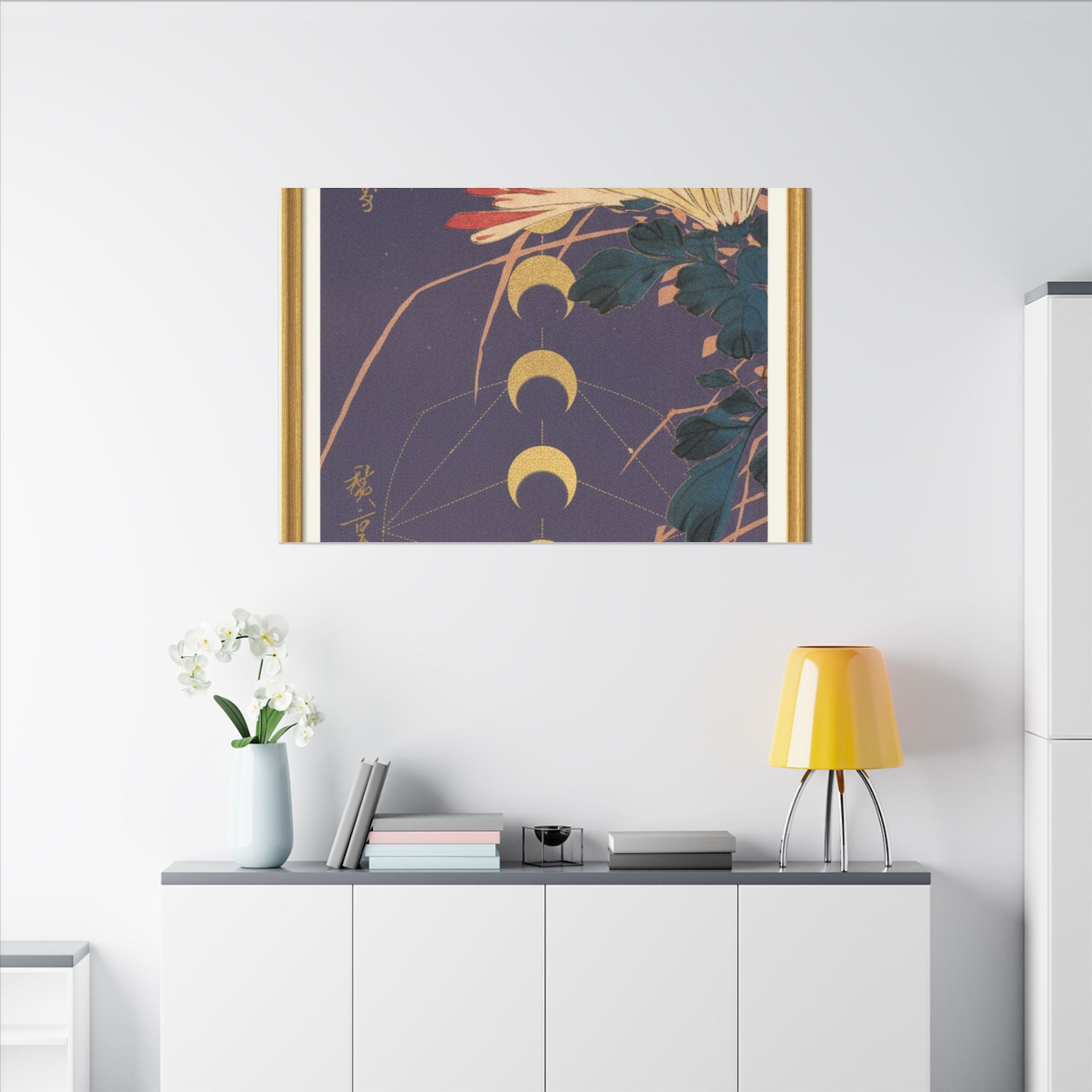 Chrysanthemum and Gold Moon Phases Woodblock Matte Canvas