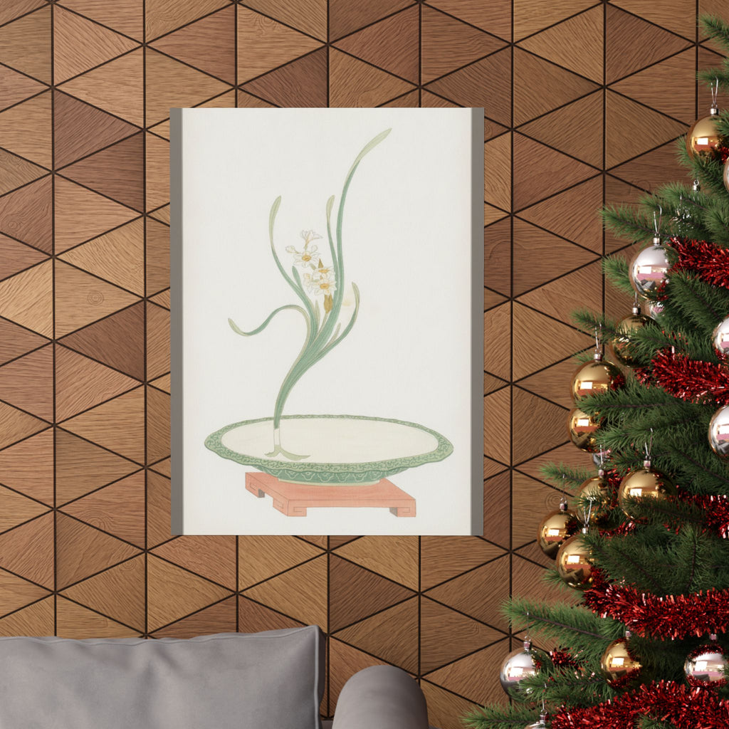 Watercolor — Flower Arrangement Of Suisen (Narcissus) In A Flat Green Dish — Matte Poster
