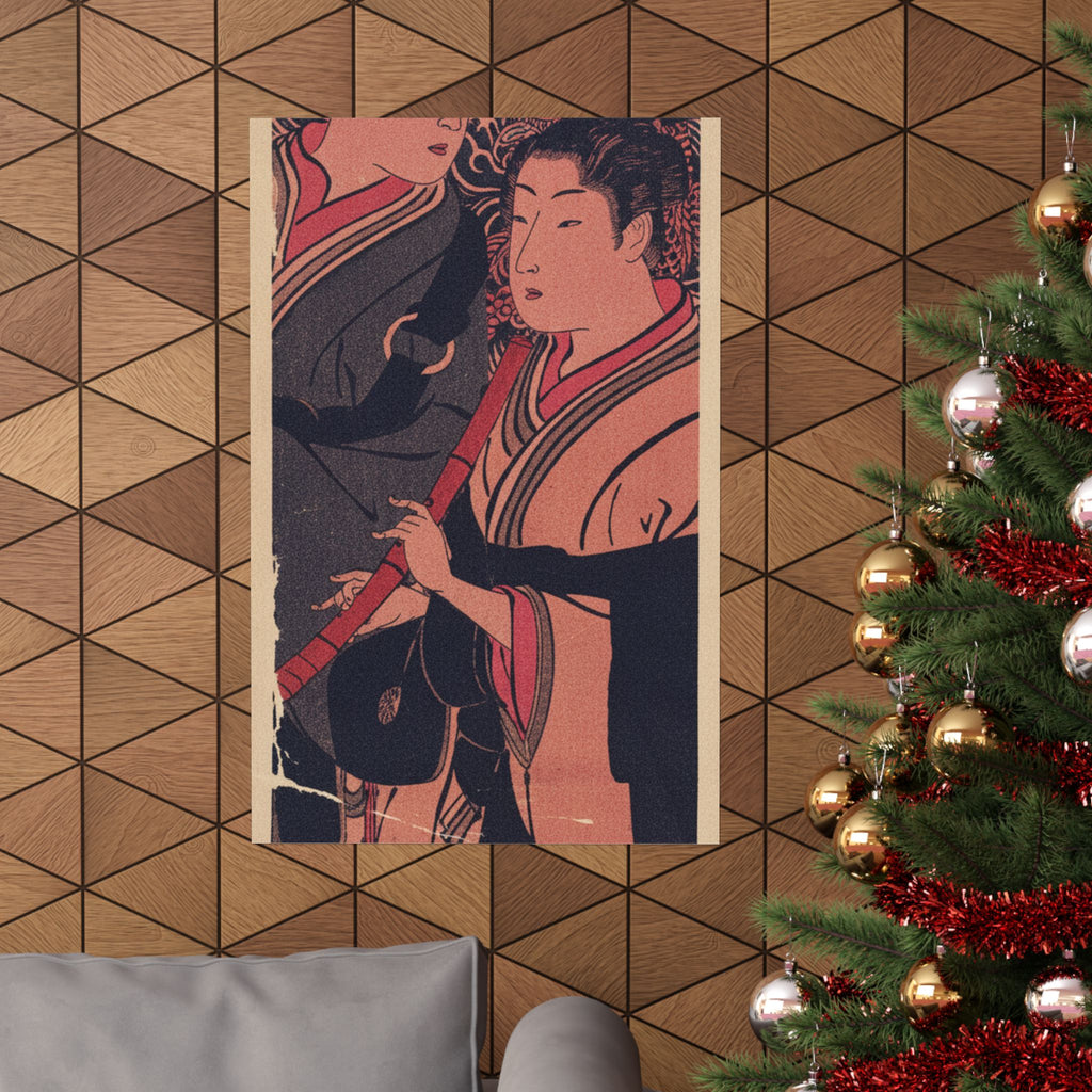 Japanese Street — Two Men, One Playing A Flute — Matte Poster
