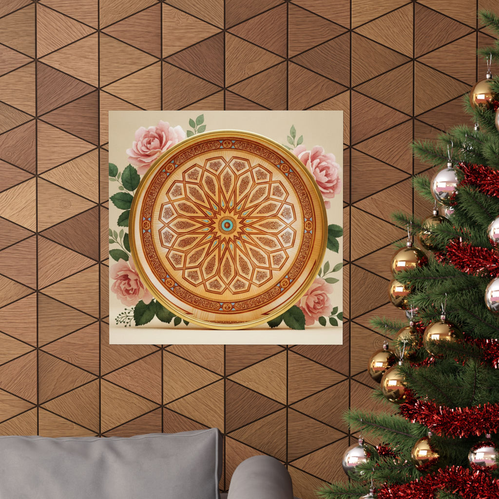 Gilded Moroccan Medallion and Pink Roses Art Poster