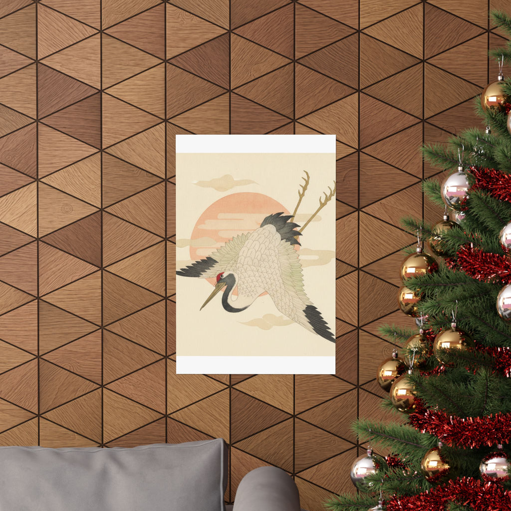 Botanical — White Crane Flying Across The Sun'S Disc — Matte Poster