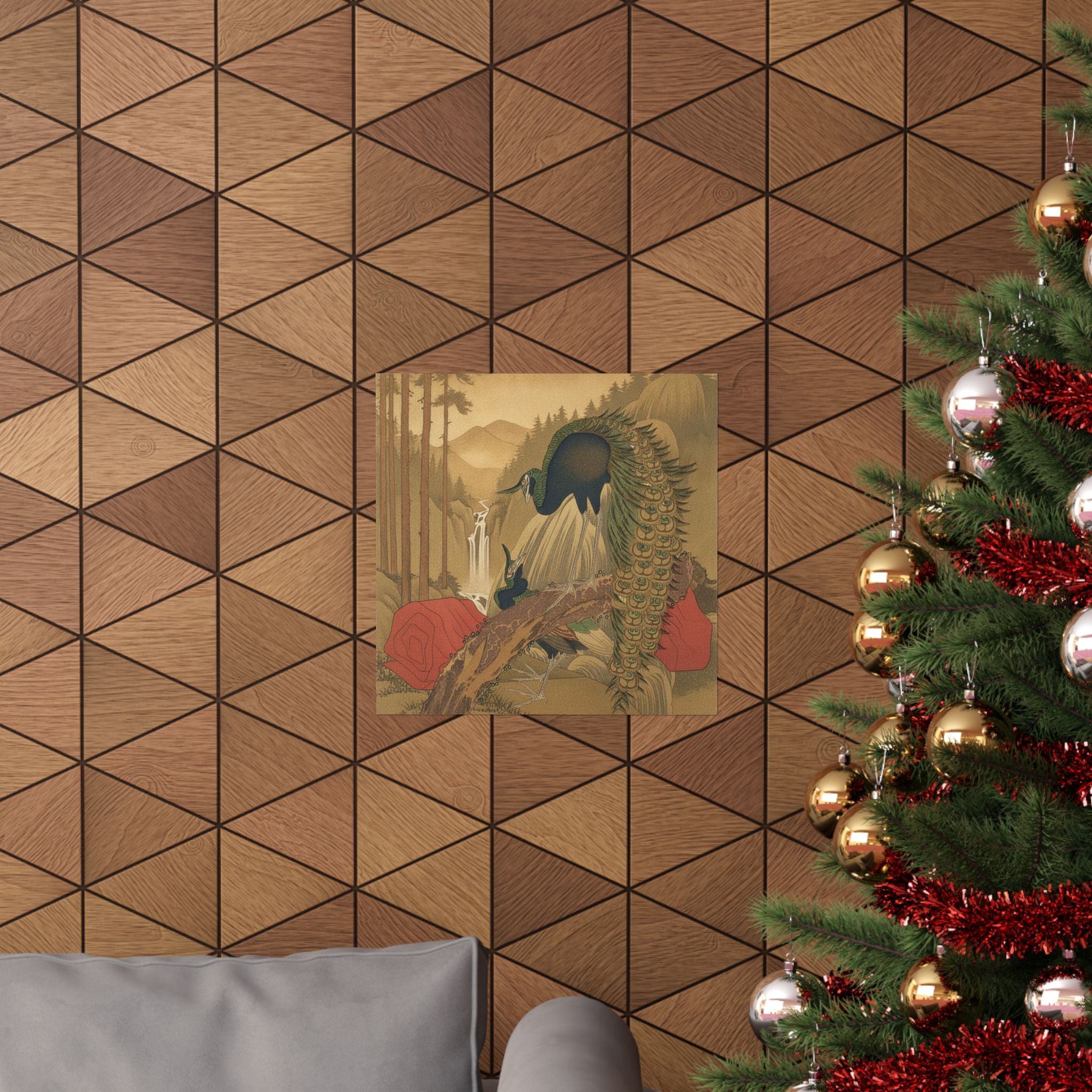 Scenic Nature — Painting Of Peacocks, Pines, A Waterfall, And A Roll Of Red Fabric — Matte Poster