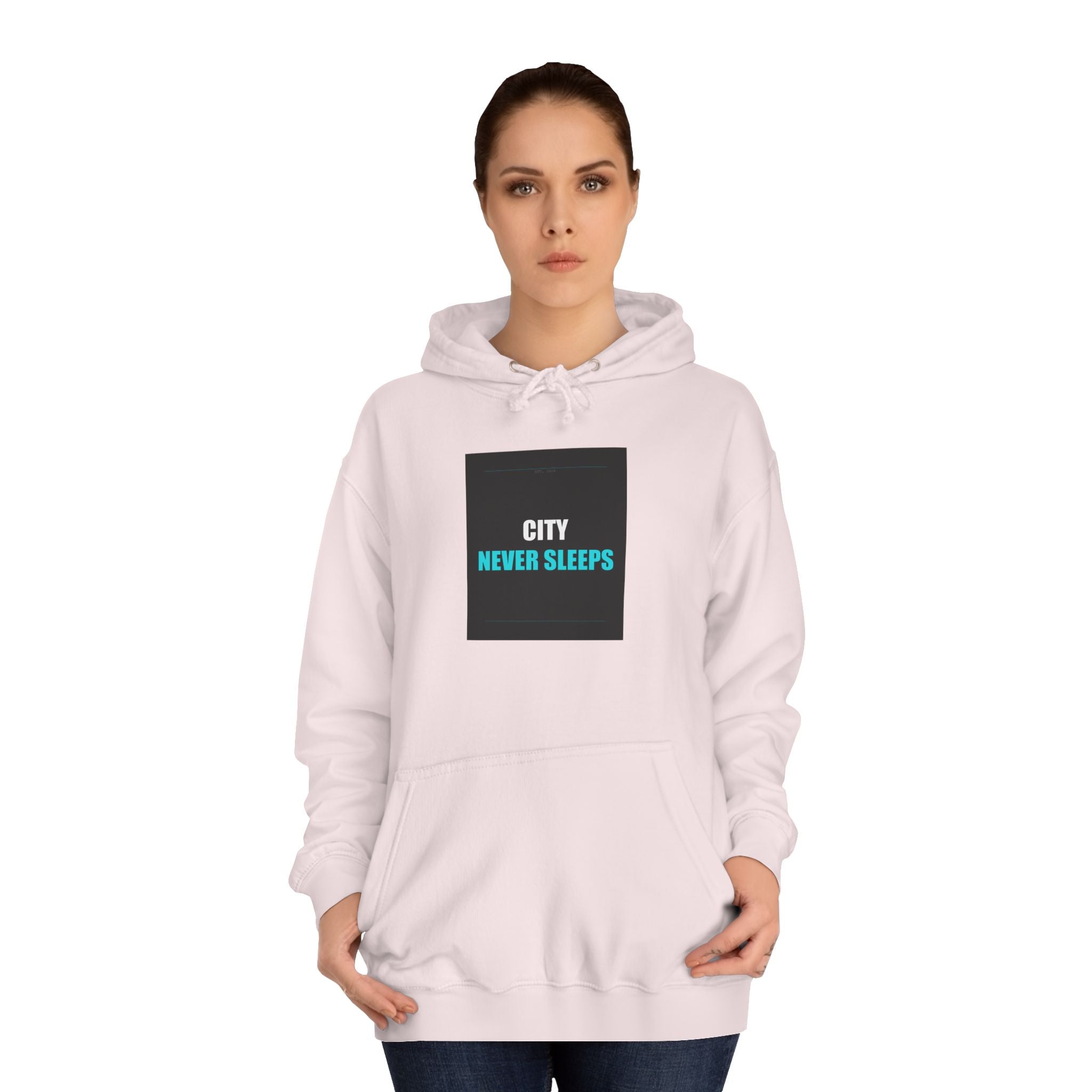 CITY NEVER SLEEPS Cyan Slogan Print Pullover Hoodie