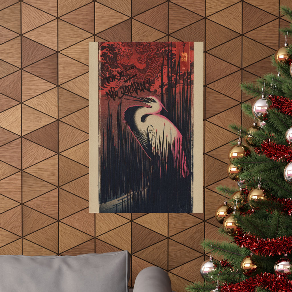 Japanese Street — White Heron Standing Among Reeds — Matte Poster