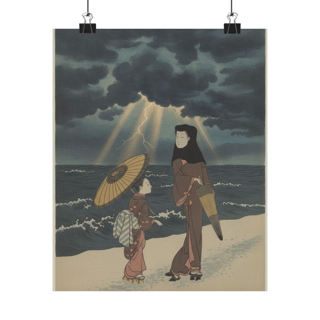 Dramatic Storm — Lady With Black Hood And Umbrella Out Walking With Young Attendant — Matte Poster