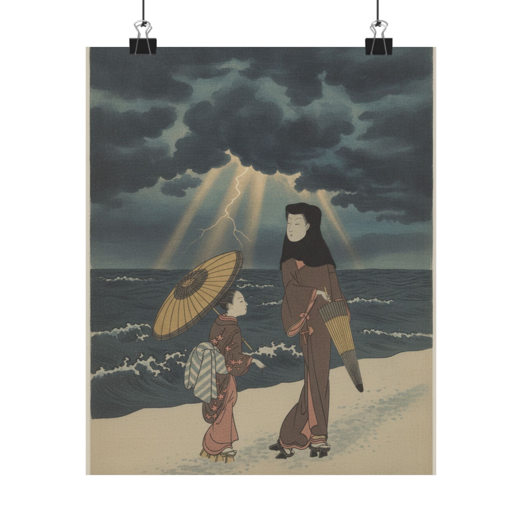 Dramatic Storm — Lady With Black Hood And Umbrella Out Walking With Young Attendant — Matte Poster