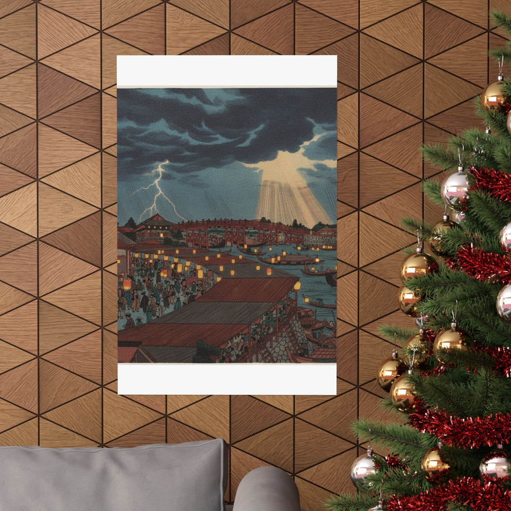 Dramatic Storm — Landscape; Showing Water Festival With Lanterns — Matte Poster