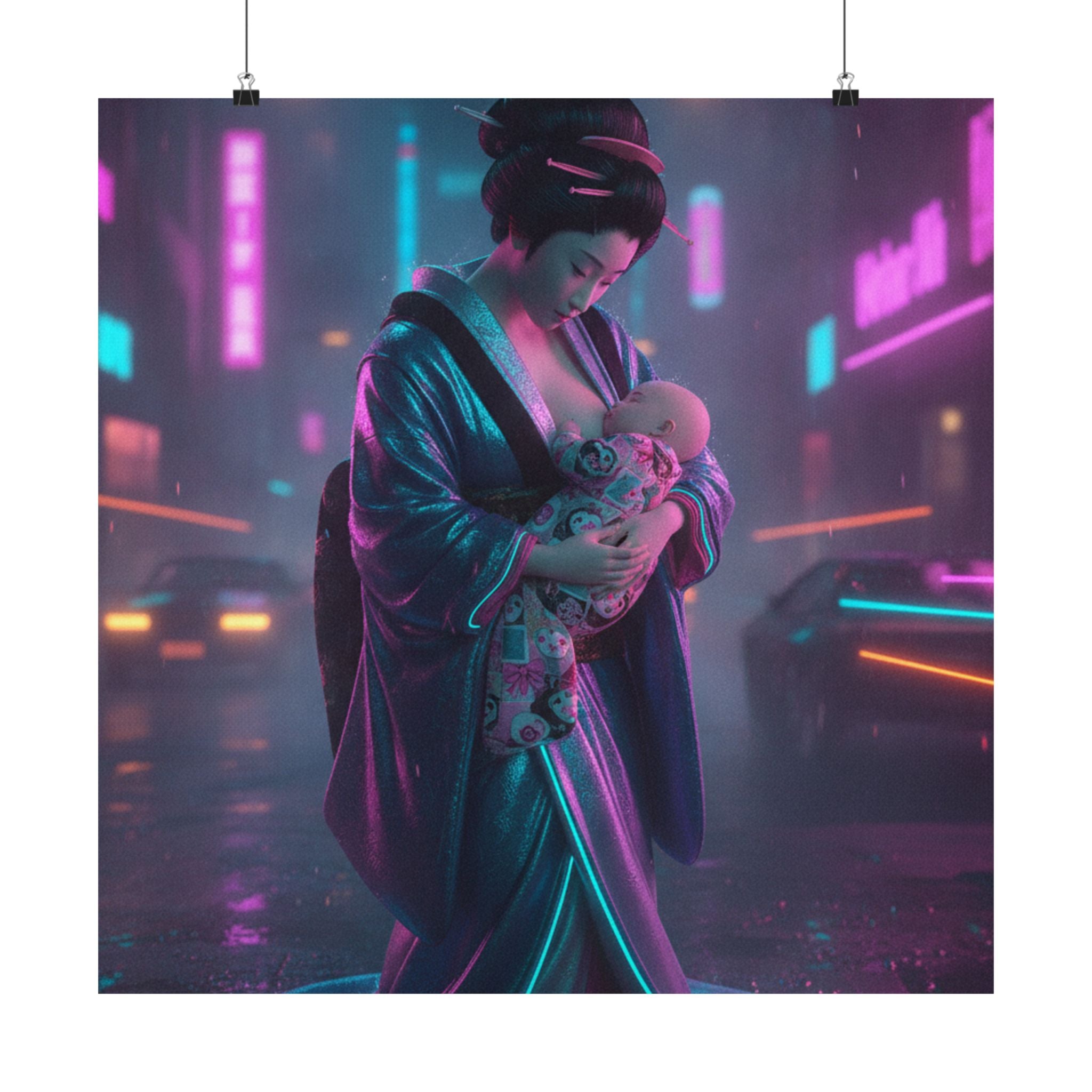 Neon Noir — Young Mother Nursing Her Baby — Matte Poster