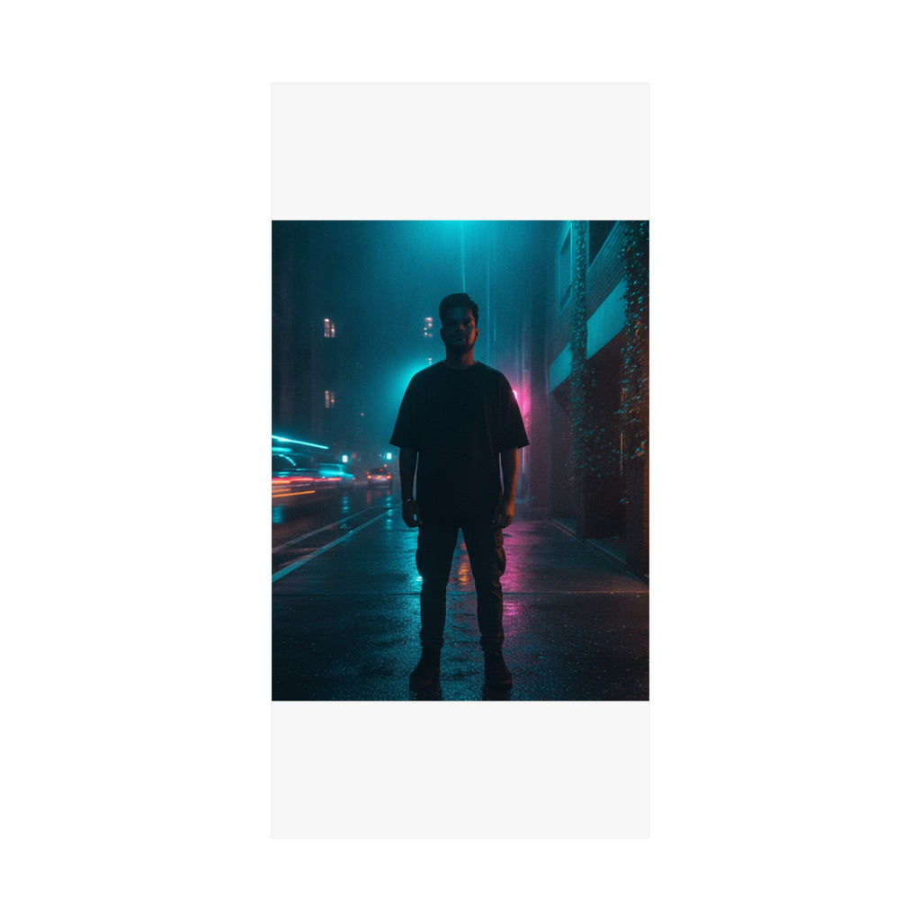Rainy Neon City Street Silhouette Teal Pink Matte Poster