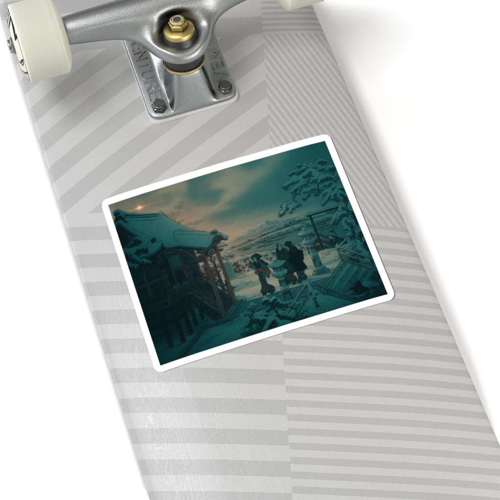 Cinematic — Snow Scene With Figures Outside A Temple — Kiss-Cut Sticker