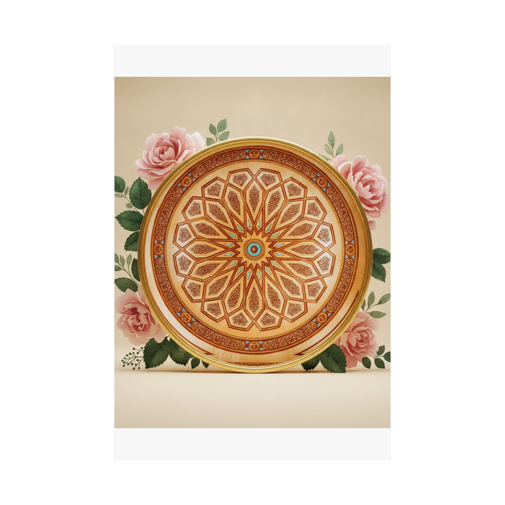 Gilded Moroccan Medallion and Pink Roses Art Poster