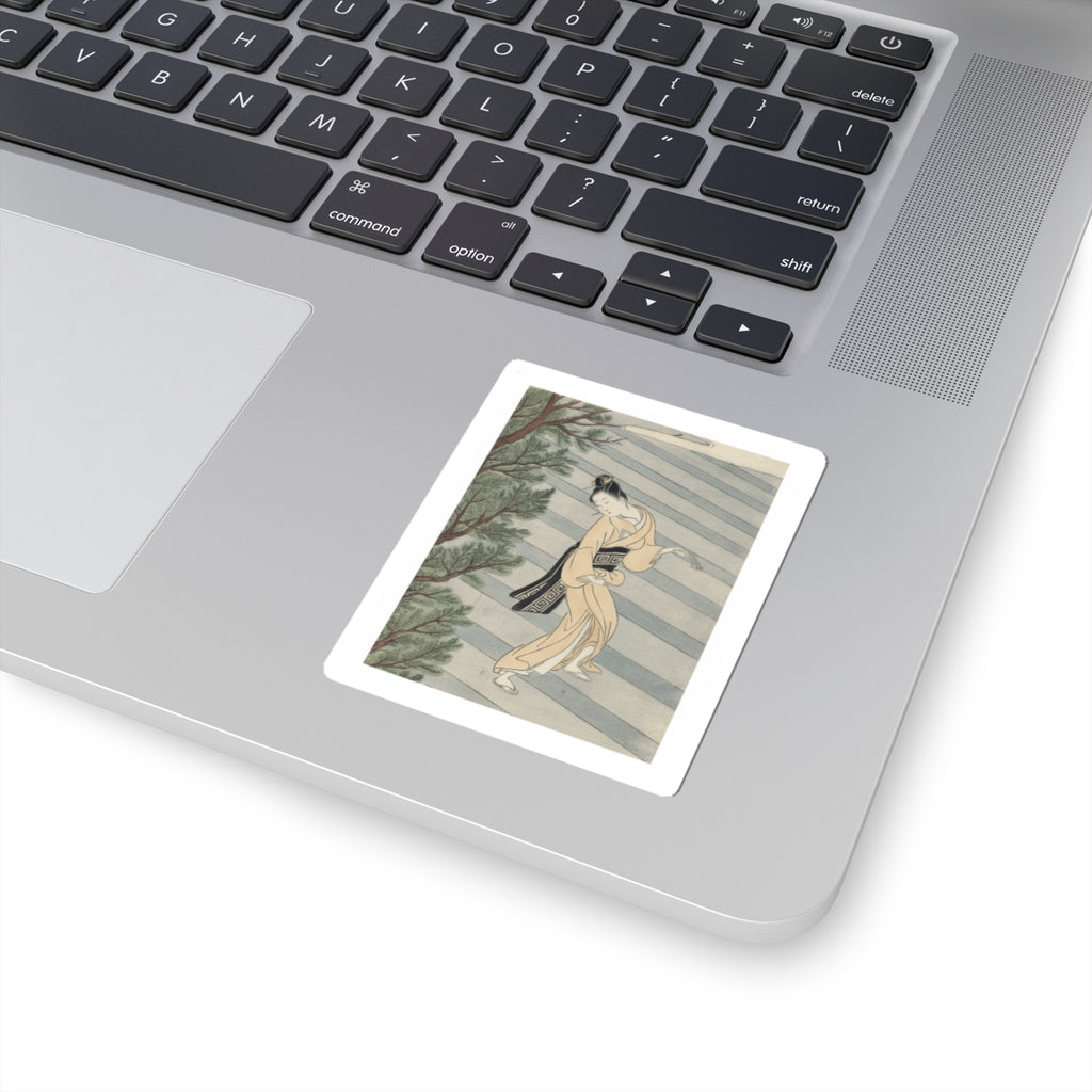 Watercolor — Young Woman Climbing Stone Stairs To A Shinto Temple — Kiss-Cut Sticker
