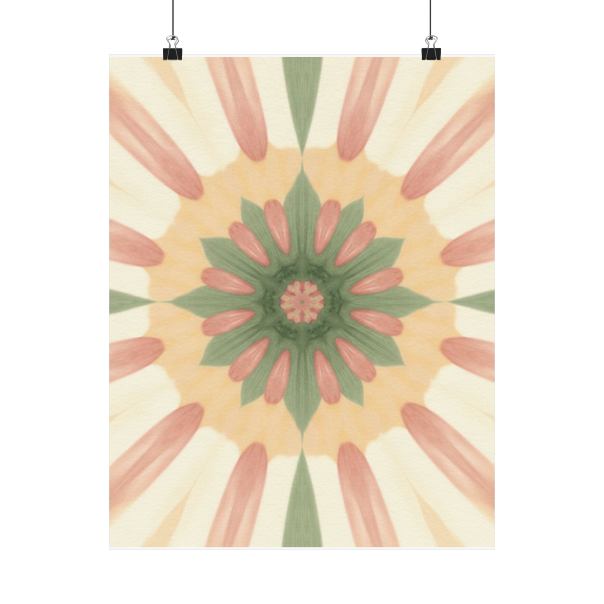 Peach and Sage Floral Kaleidoscope Mandala Poster