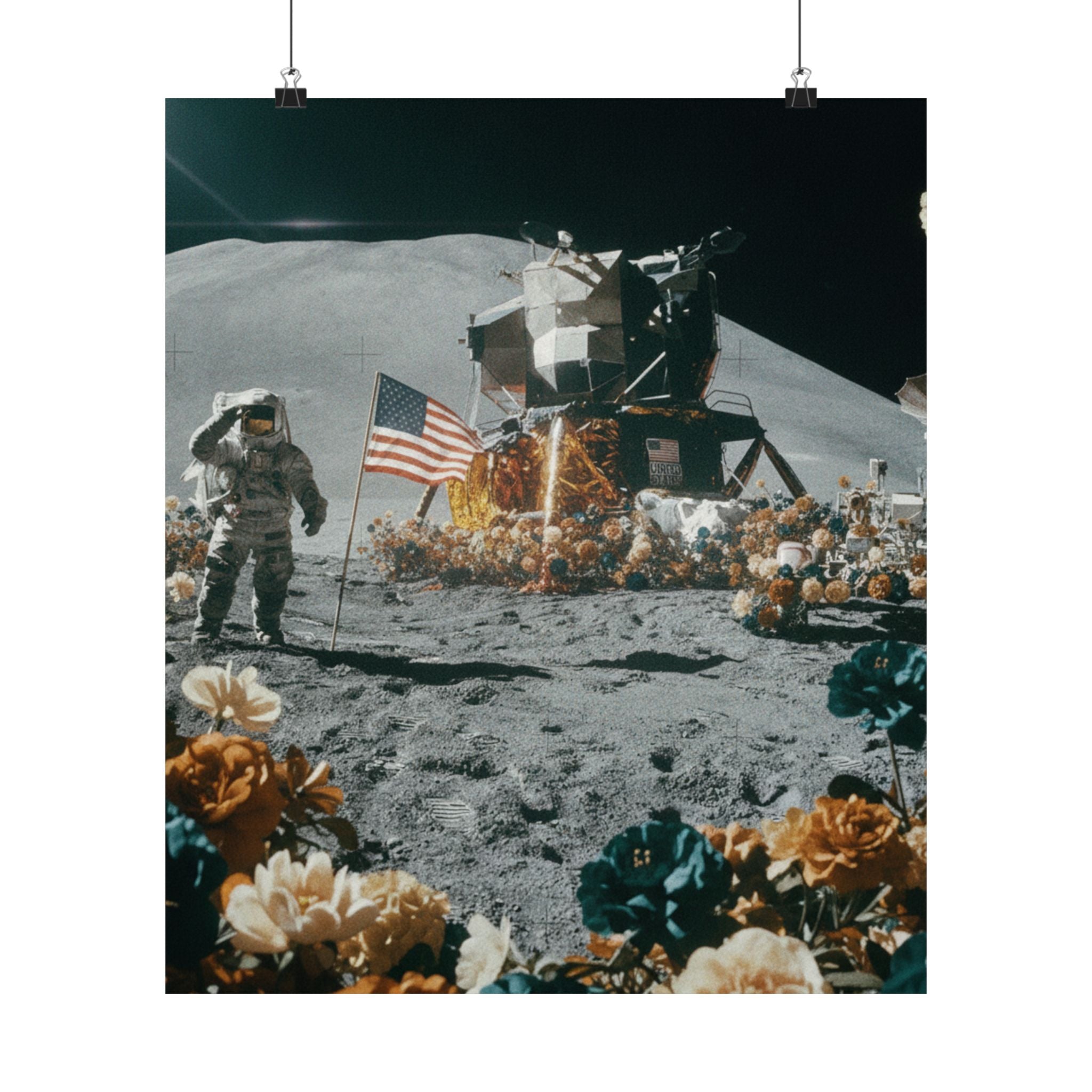 Astronaut Moon Landing in Bloom Surreal Space Poster