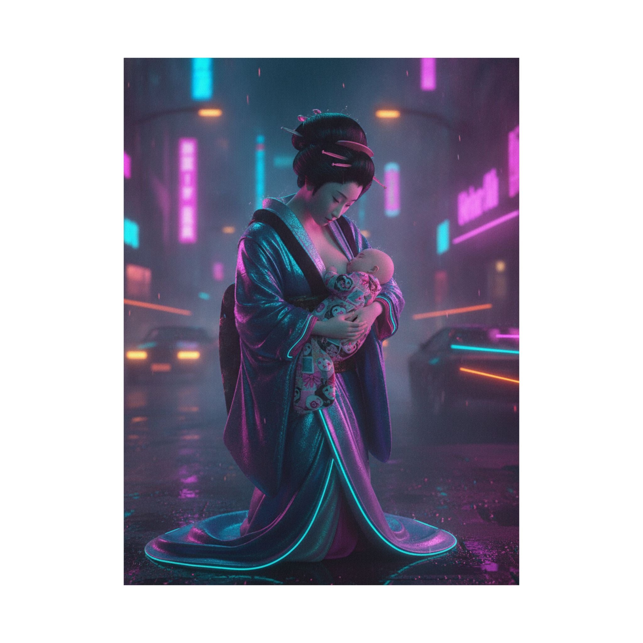 Neon Noir — Young Mother Nursing Her Baby — Matte Poster