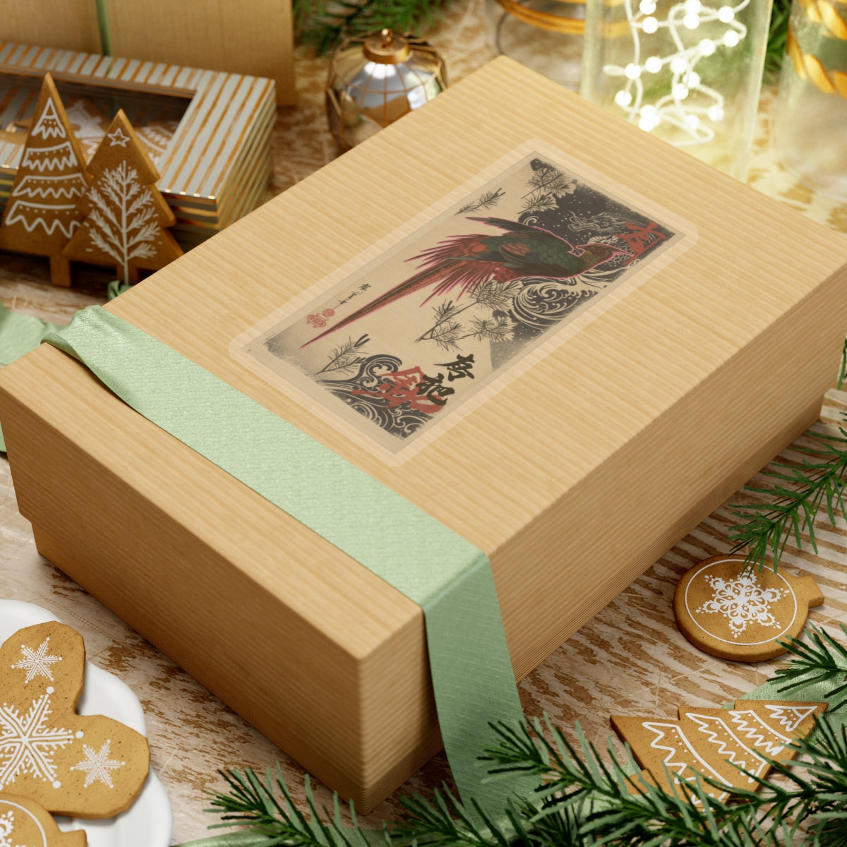 Japanese Street — Golden Pheasant And Pine Shoots In Snow — Kiss-Cut Sticker
