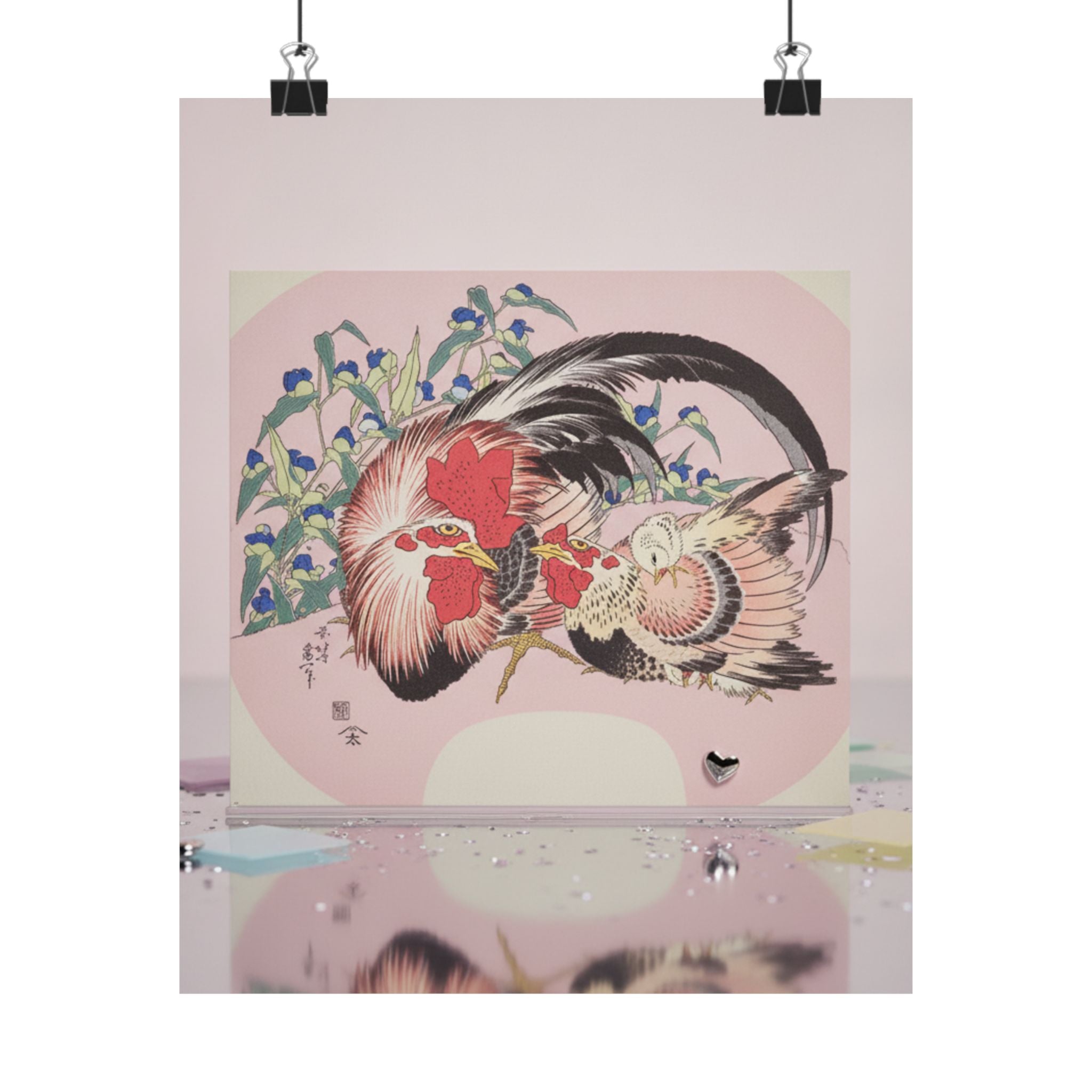 Product Marketing — Rooster, Hen And Chicken With Spiderwort — Matte Poster