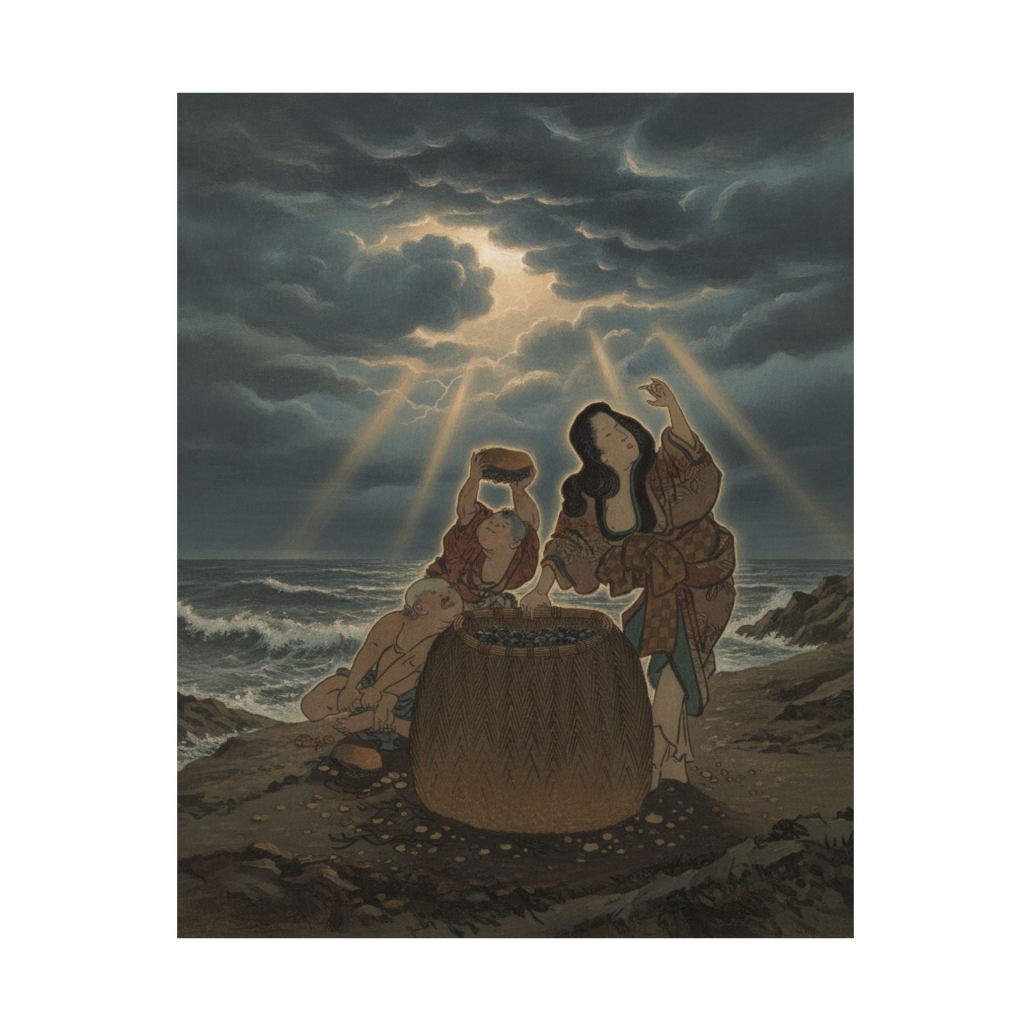 Dramatic Storm — Fisherwoman With A Basket And Two Boys — Matte Poster