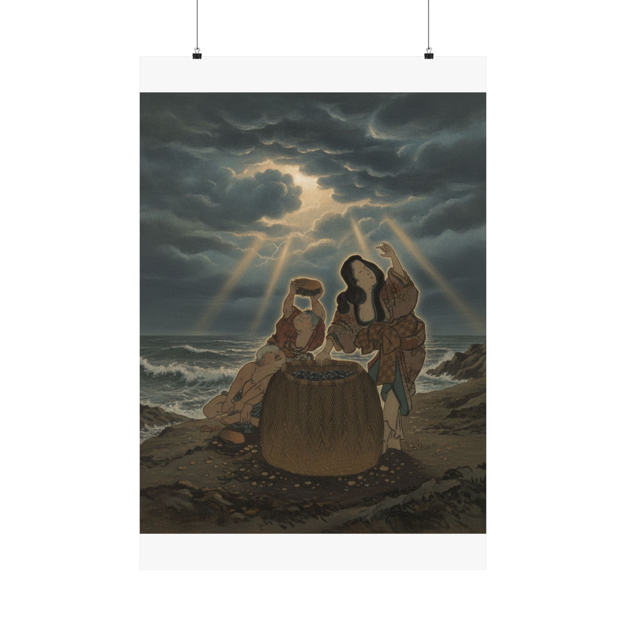 Dramatic Storm — Fisherwoman With A Basket And Two Boys — Matte Poster