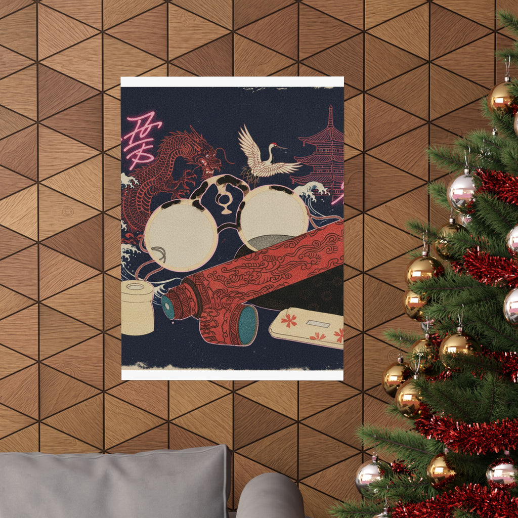 Japanese Street — Spectacles And Telescope With Cases — Matte Poster