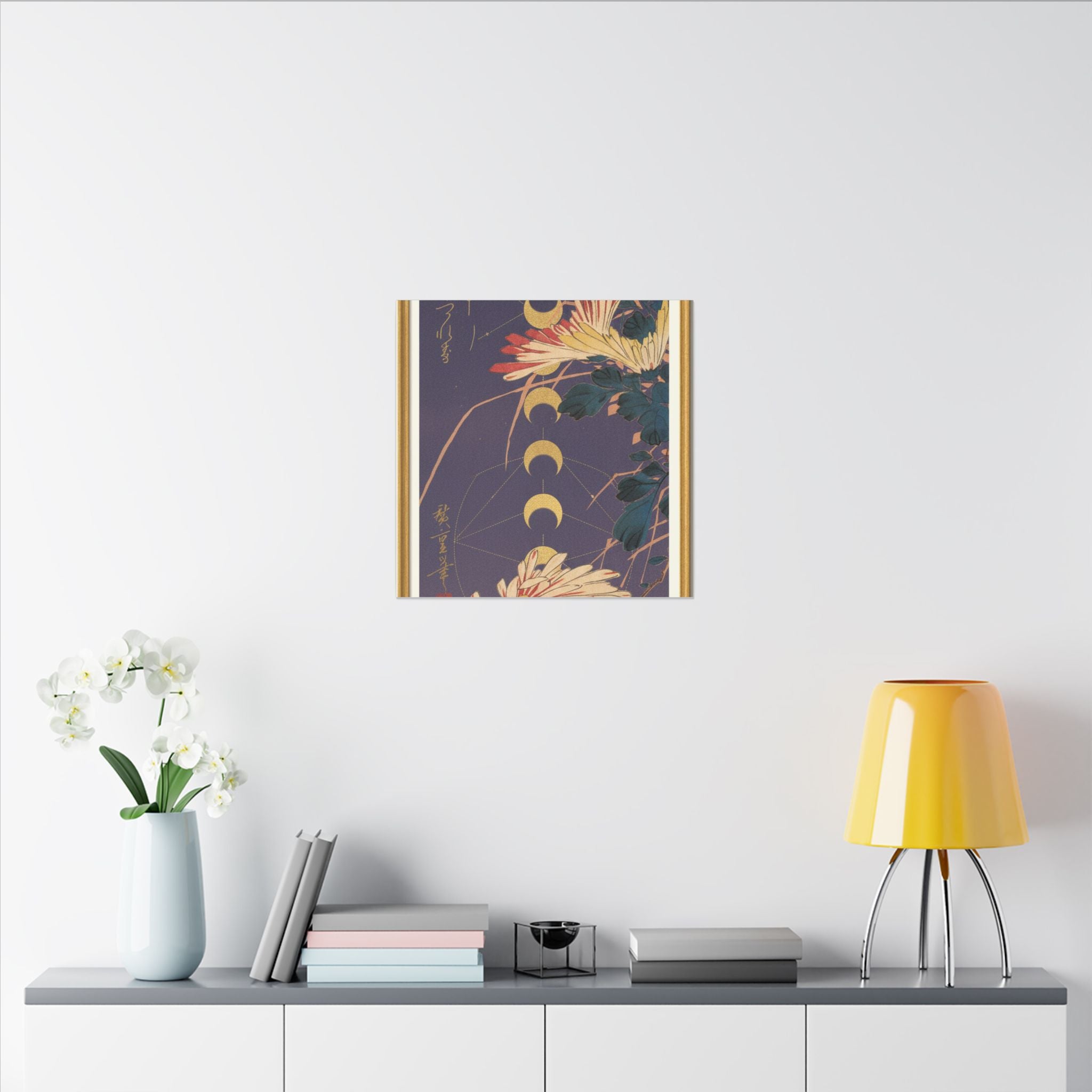 Chrysanthemum and Gold Moon Phases Woodblock Matte Canvas
