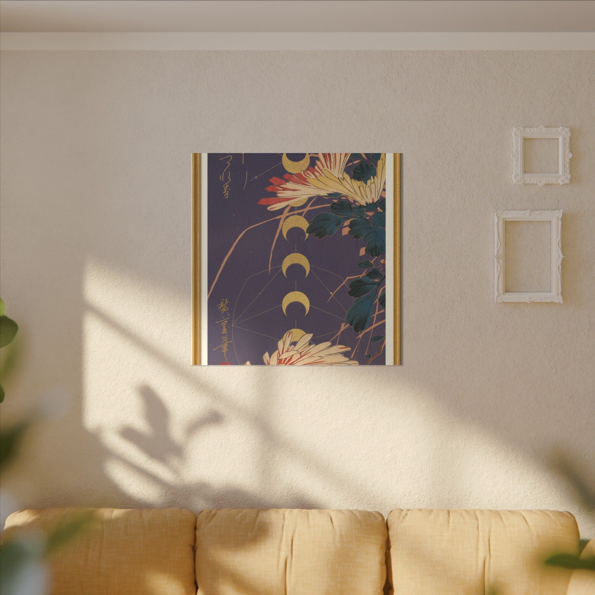 Chrysanthemum and Gold Moon Phases Woodblock Matte Canvas