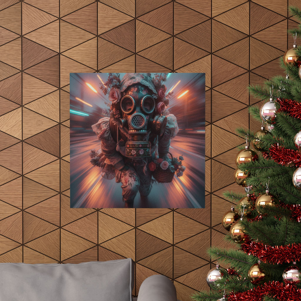 Neon Tunnel Rose Gas Mask Post-Apocalyptic Poster