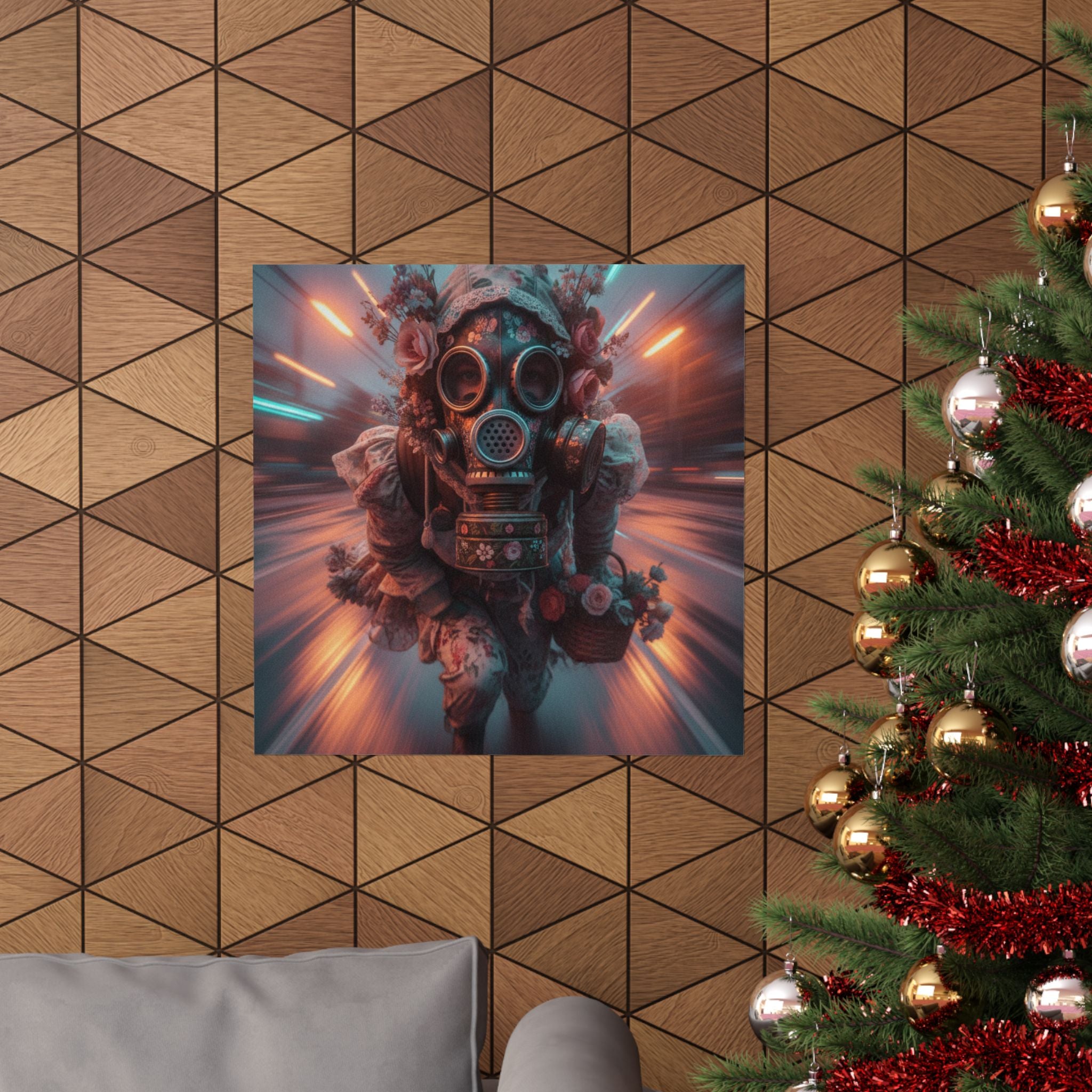 Neon Tunnel Rose Gas Mask Post-Apocalyptic Poster