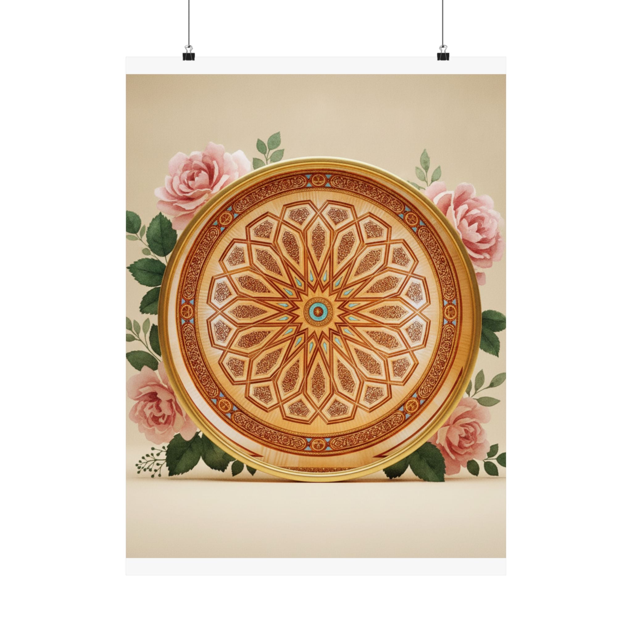 Gilded Moroccan Medallion and Pink Roses Art Poster