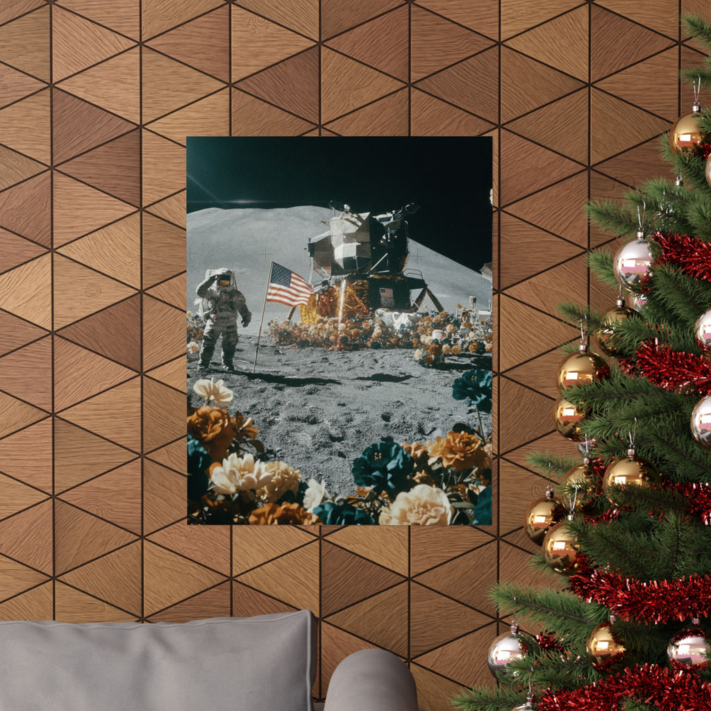Astronaut Moon Landing in Bloom Surreal Space Poster