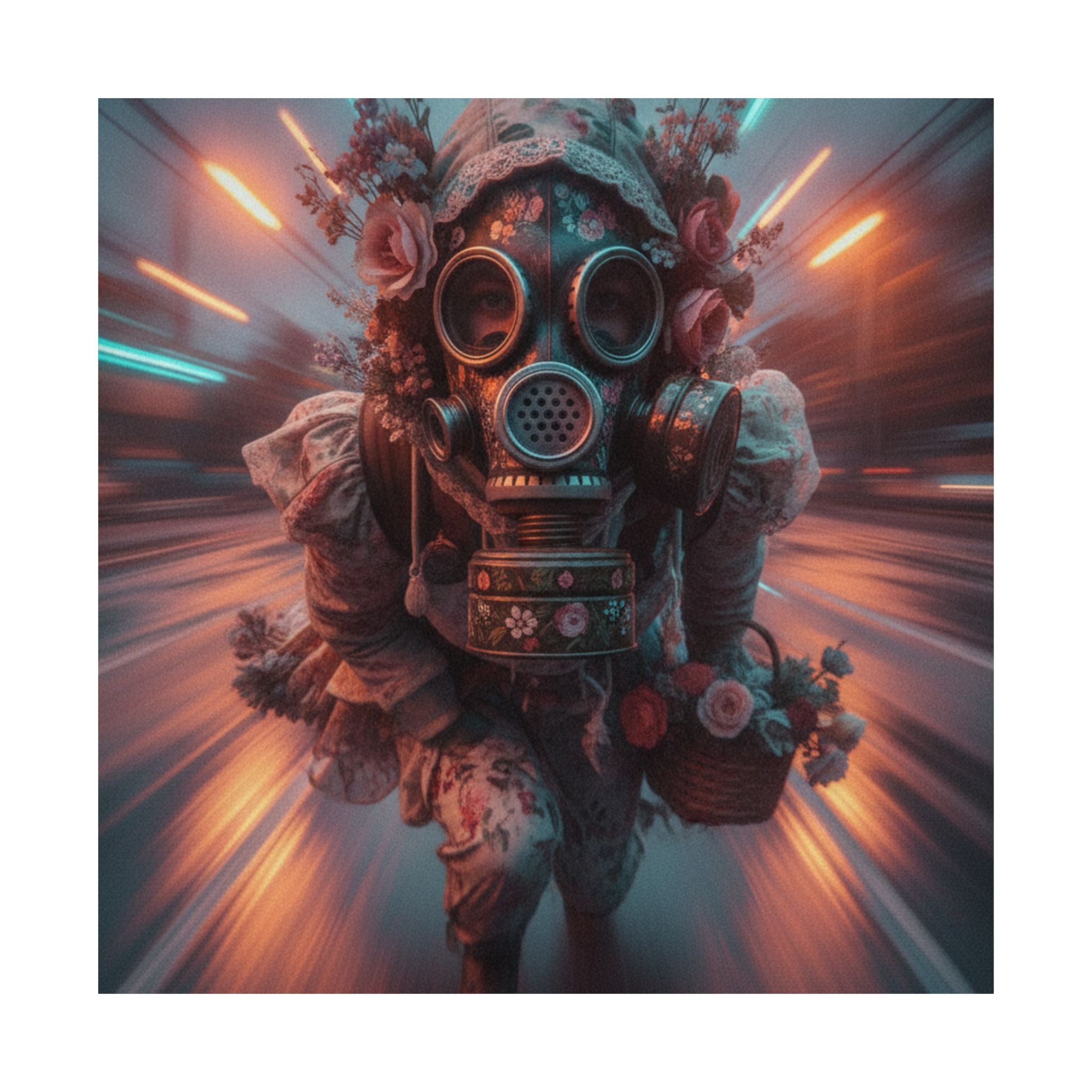 Neon Tunnel Rose Gas Mask Post-Apocalyptic Poster