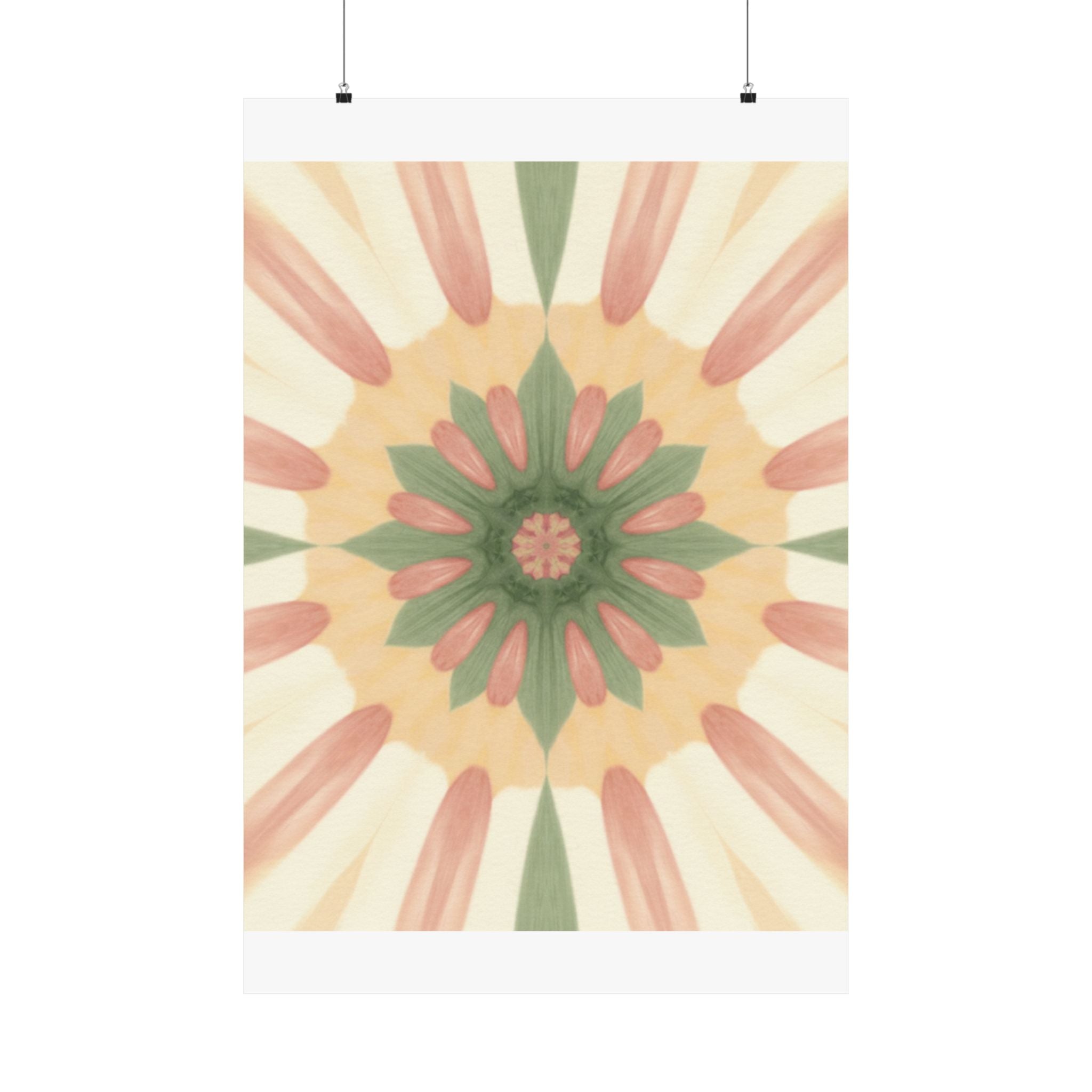 Peach and Sage Floral Kaleidoscope Mandala Poster