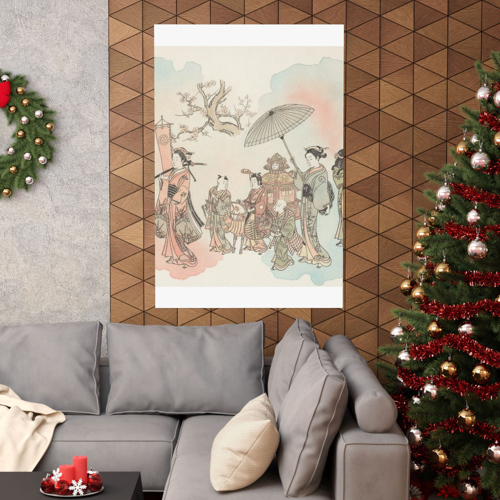 Watercolor — Children Play-Acting A Daimyo Procession — Matte Poster