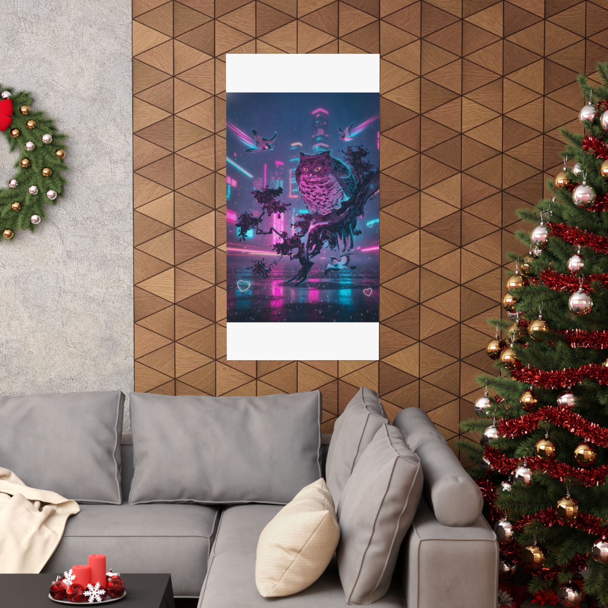 Neon Noir — Owl And Two Swallows — Matte Poster