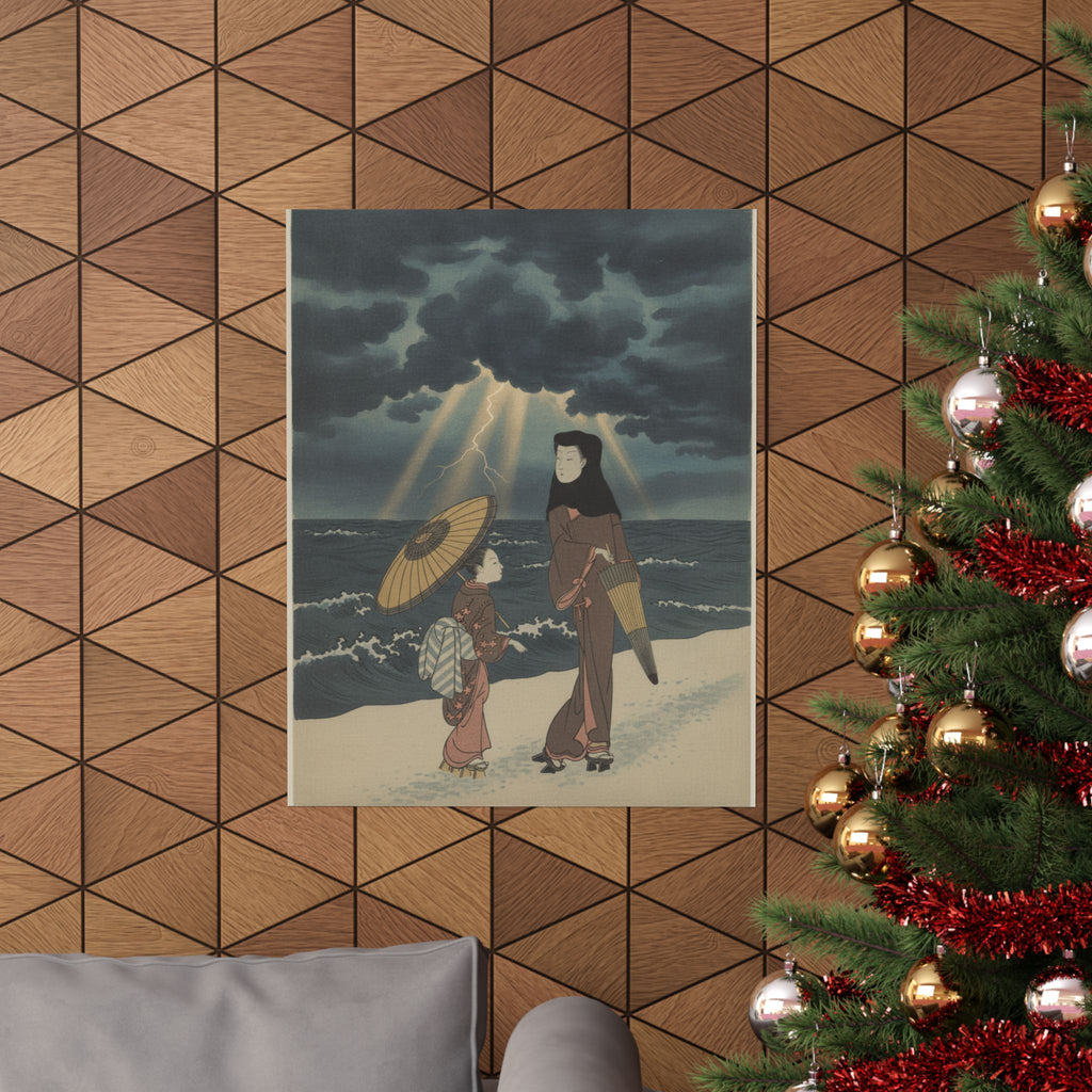 Dramatic Storm — Lady With Black Hood And Umbrella Out Walking With Young Attendant — Matte Poster